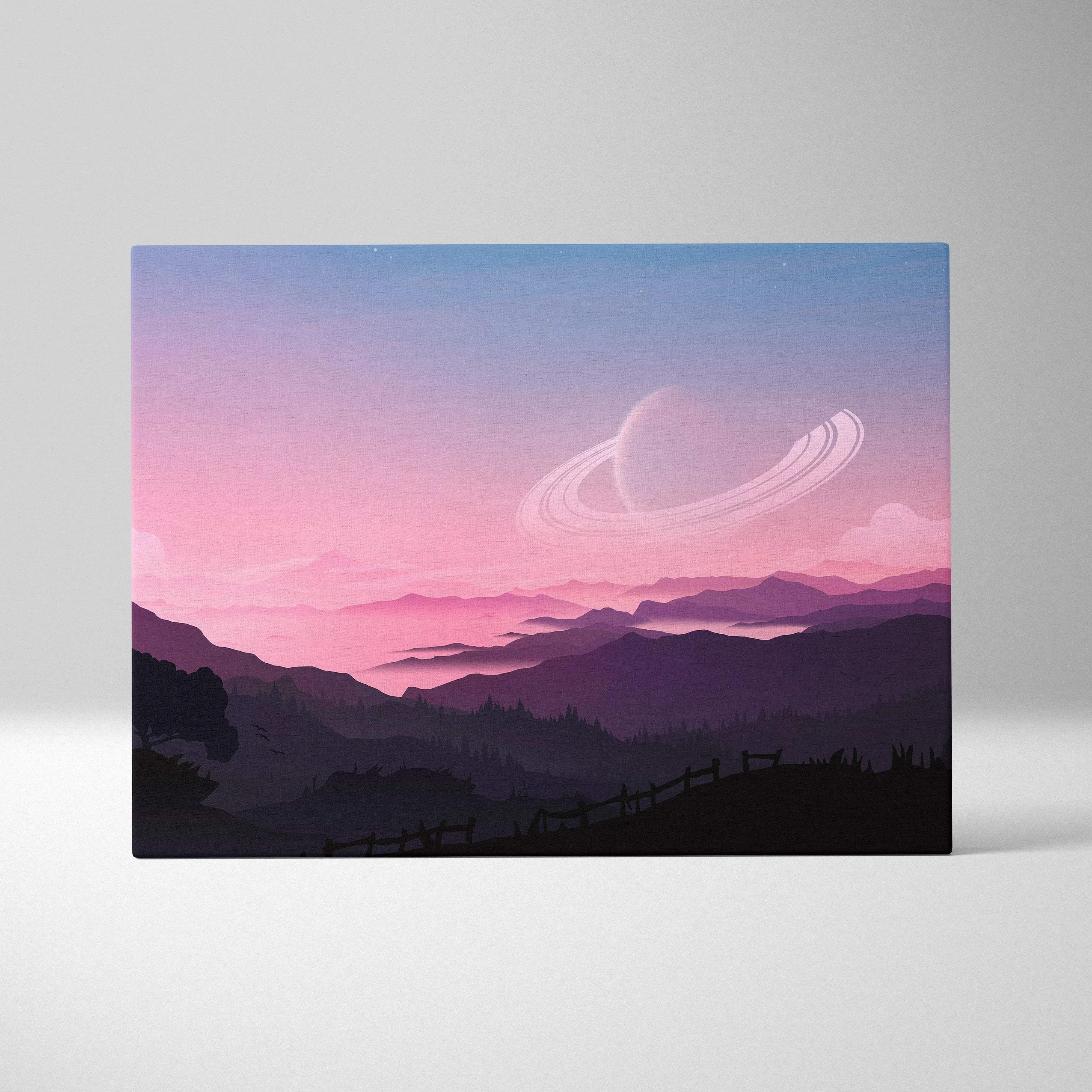 Minimalist sci-fi canvas print of pastel ringed planet and purple mountains