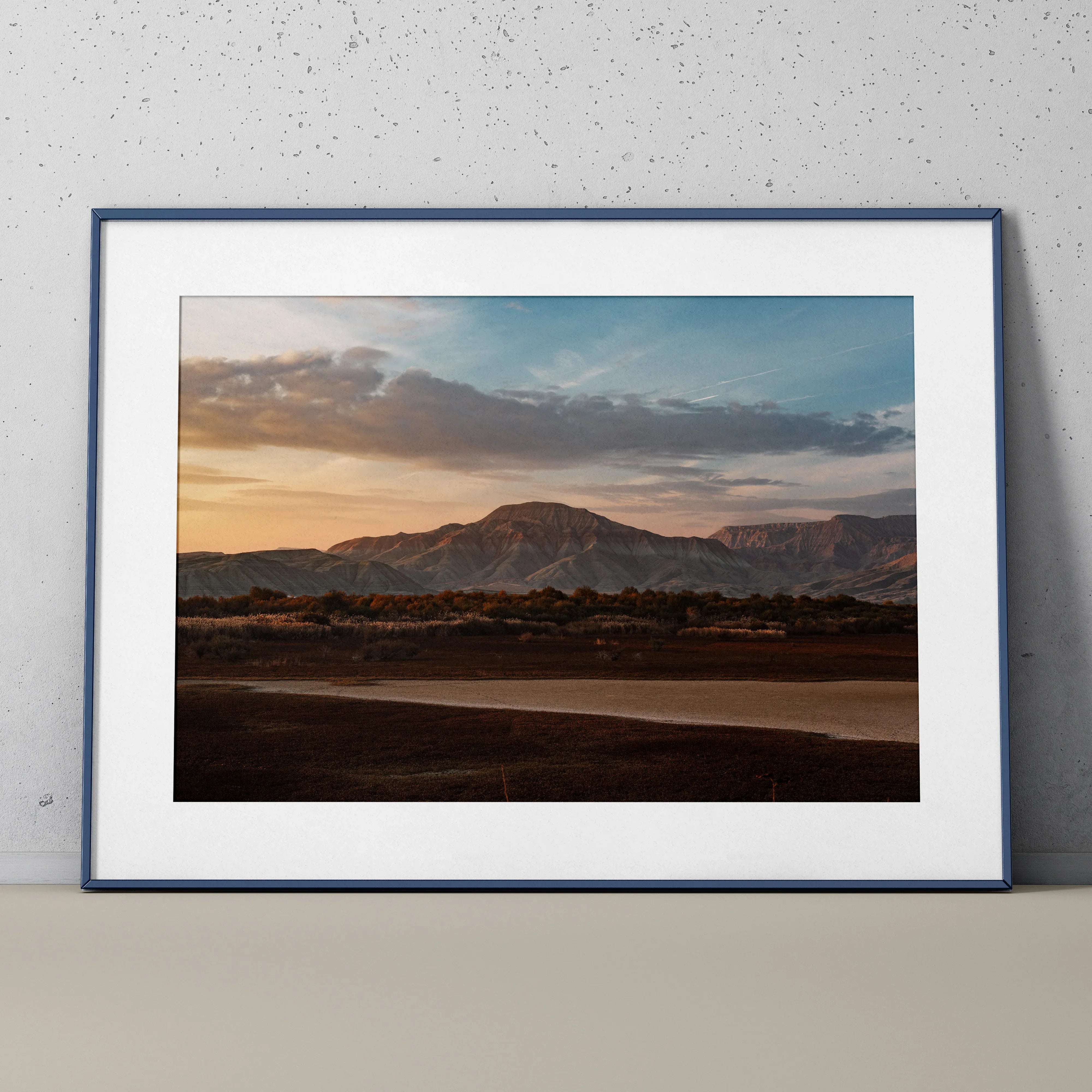 Majestic mountain landscape poster with sunset sky in black frame wall art.