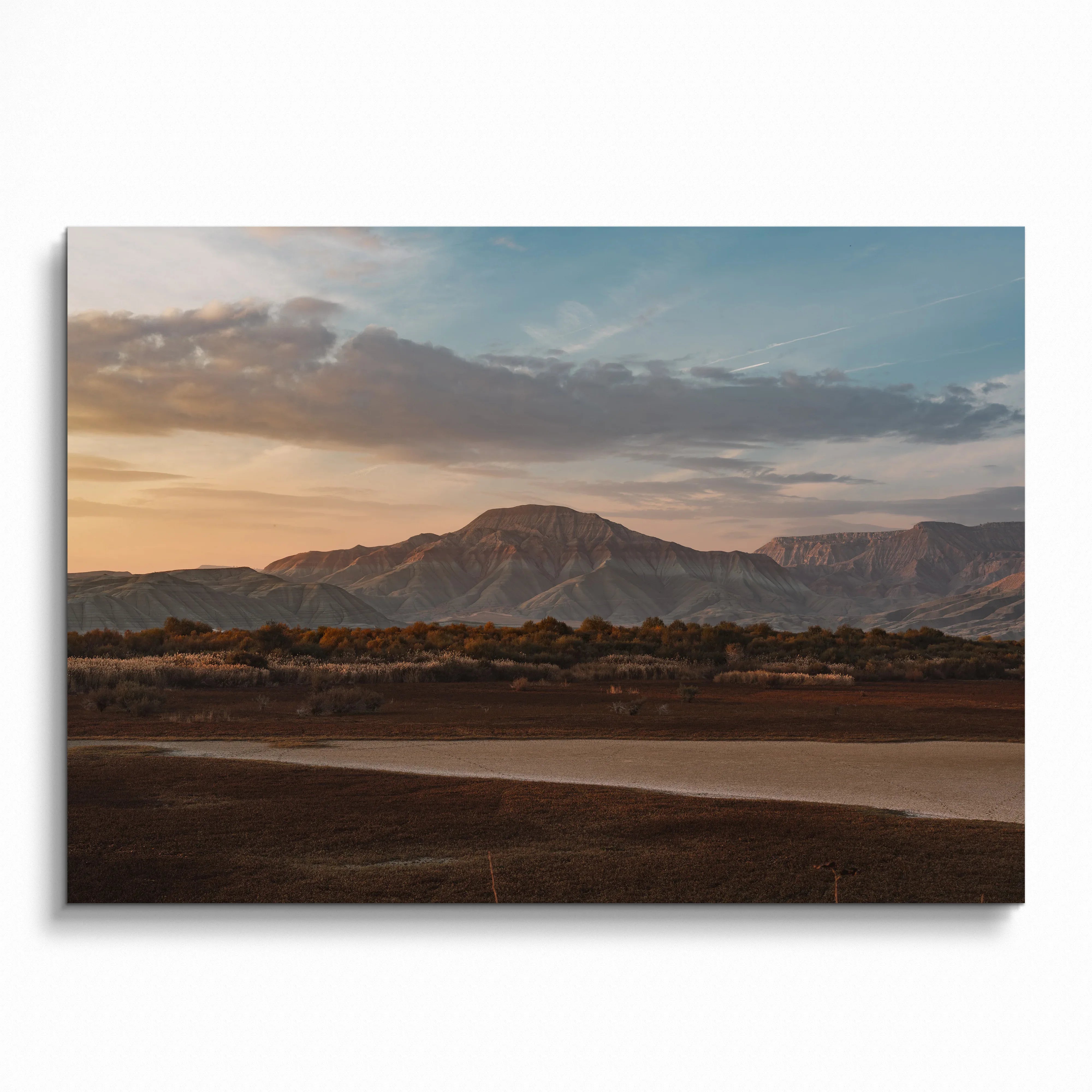 Majestic mountain landscape poster with warm sunset sky, nature-inspired wall art.