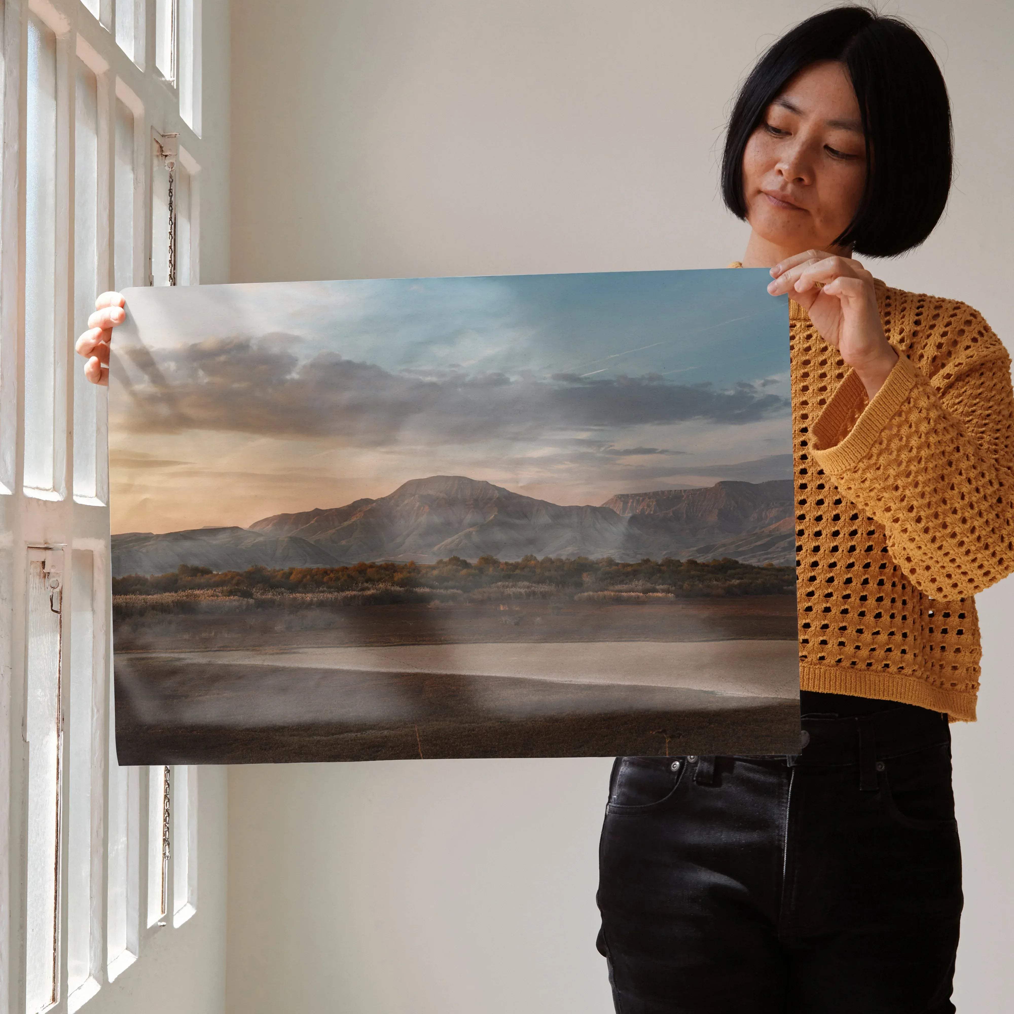 Majestic mountain wall art poster featuring a serene mountain range under golden light reflecting on water for home decor