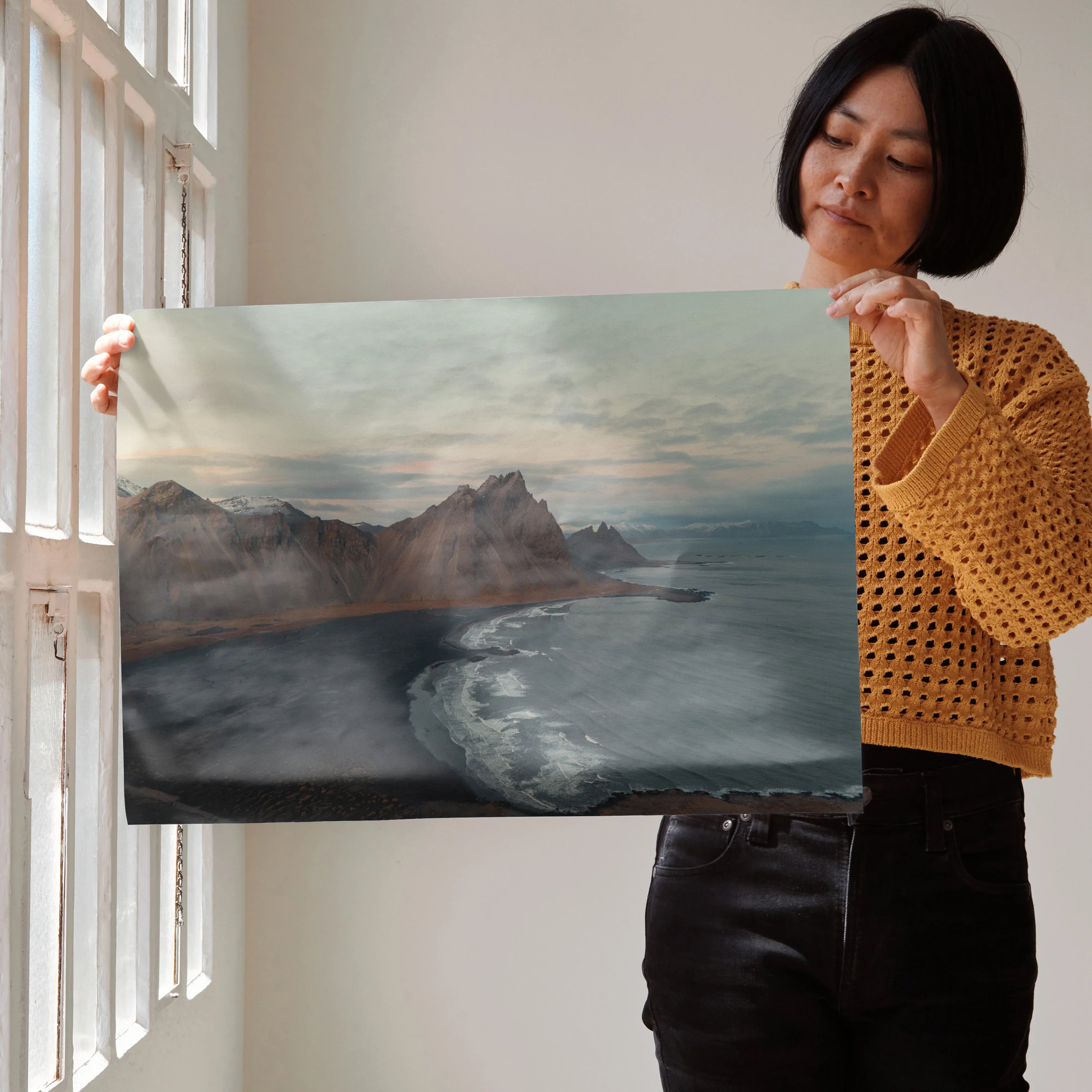 Majestic mountain landscape poster with misty coastline, serene nature wall art.