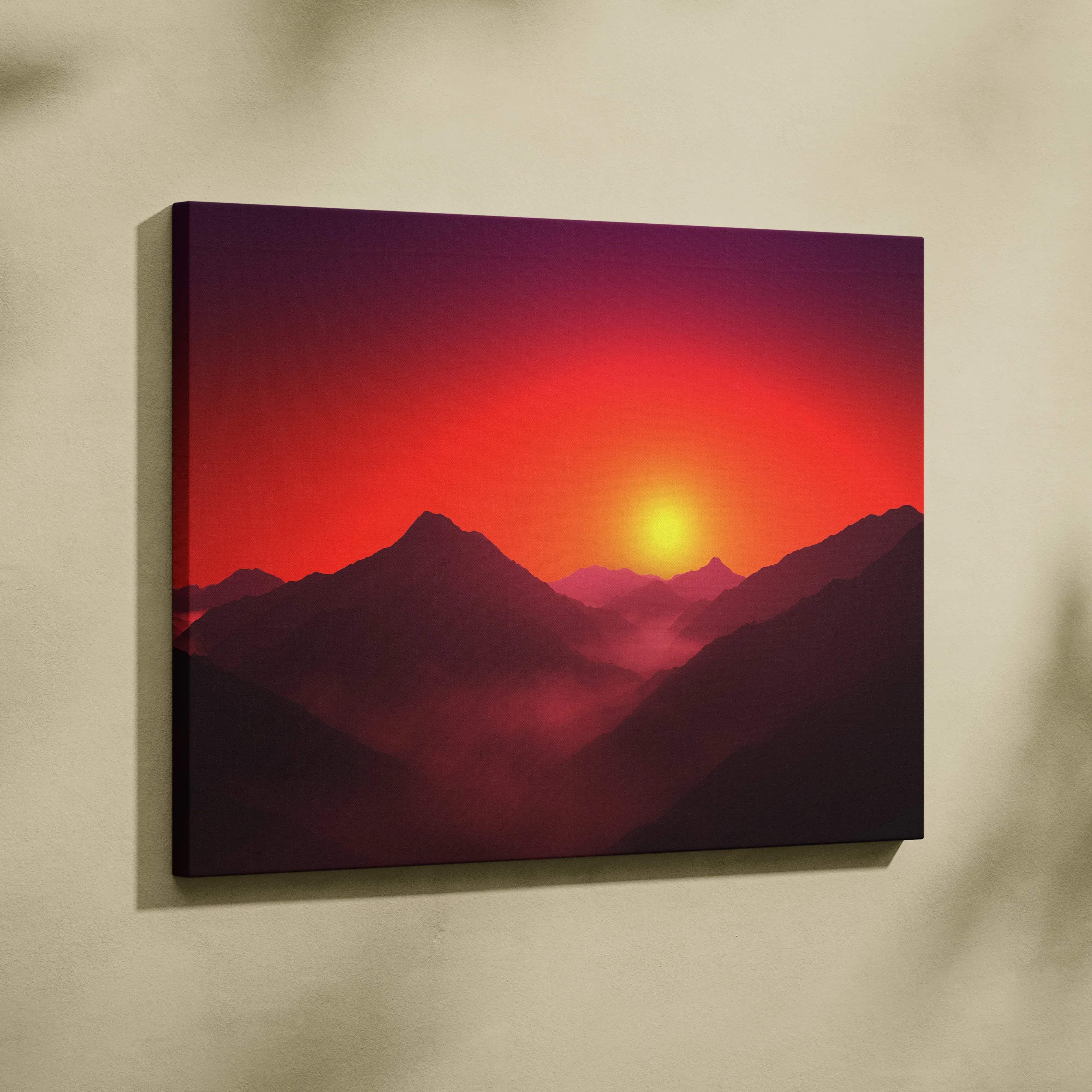 Minimalist sunrise mountain canvas art with layered silhouettes in fiery reds and yellow glow