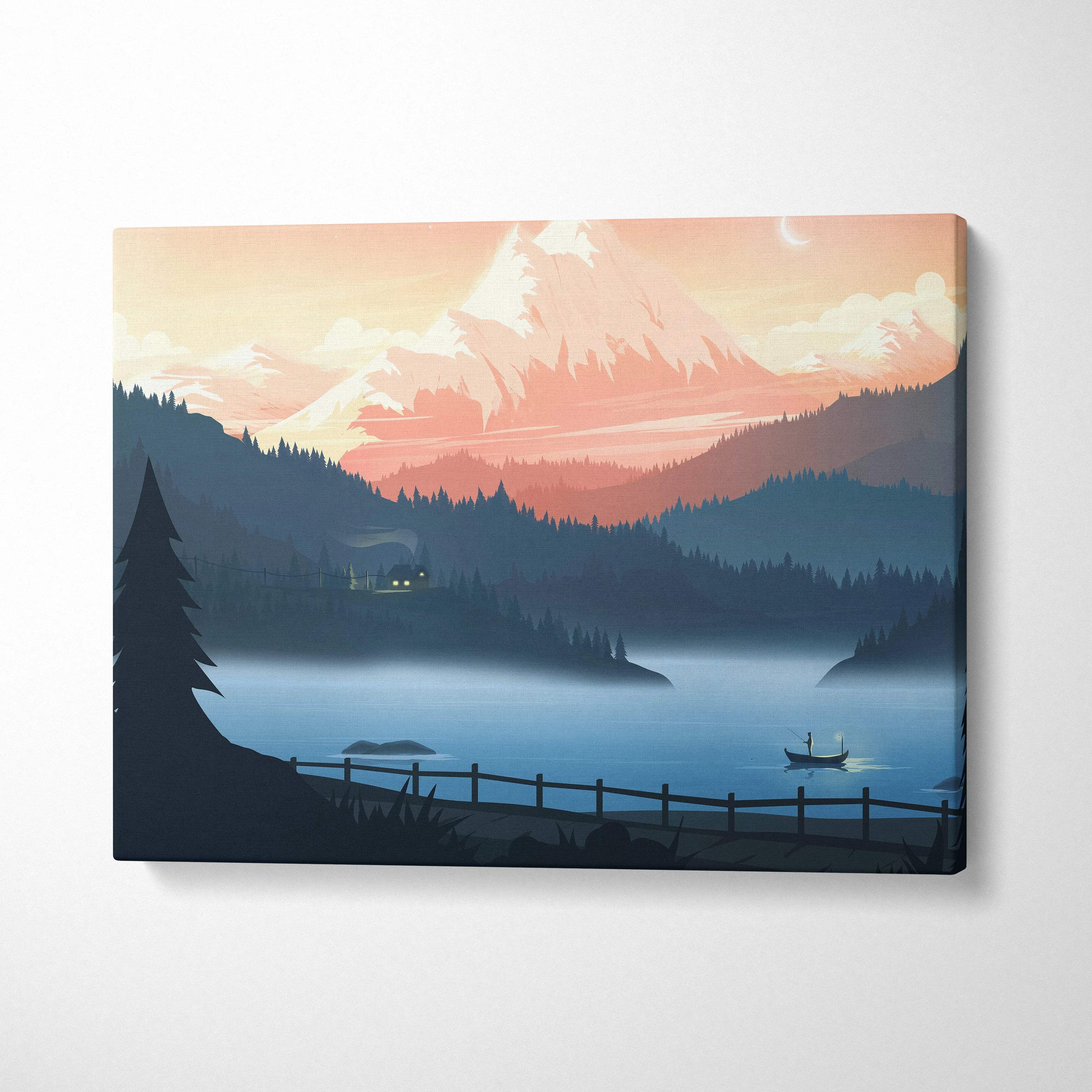 Stylized misty lake with lone boat under alpine peak in peach sky canvas art