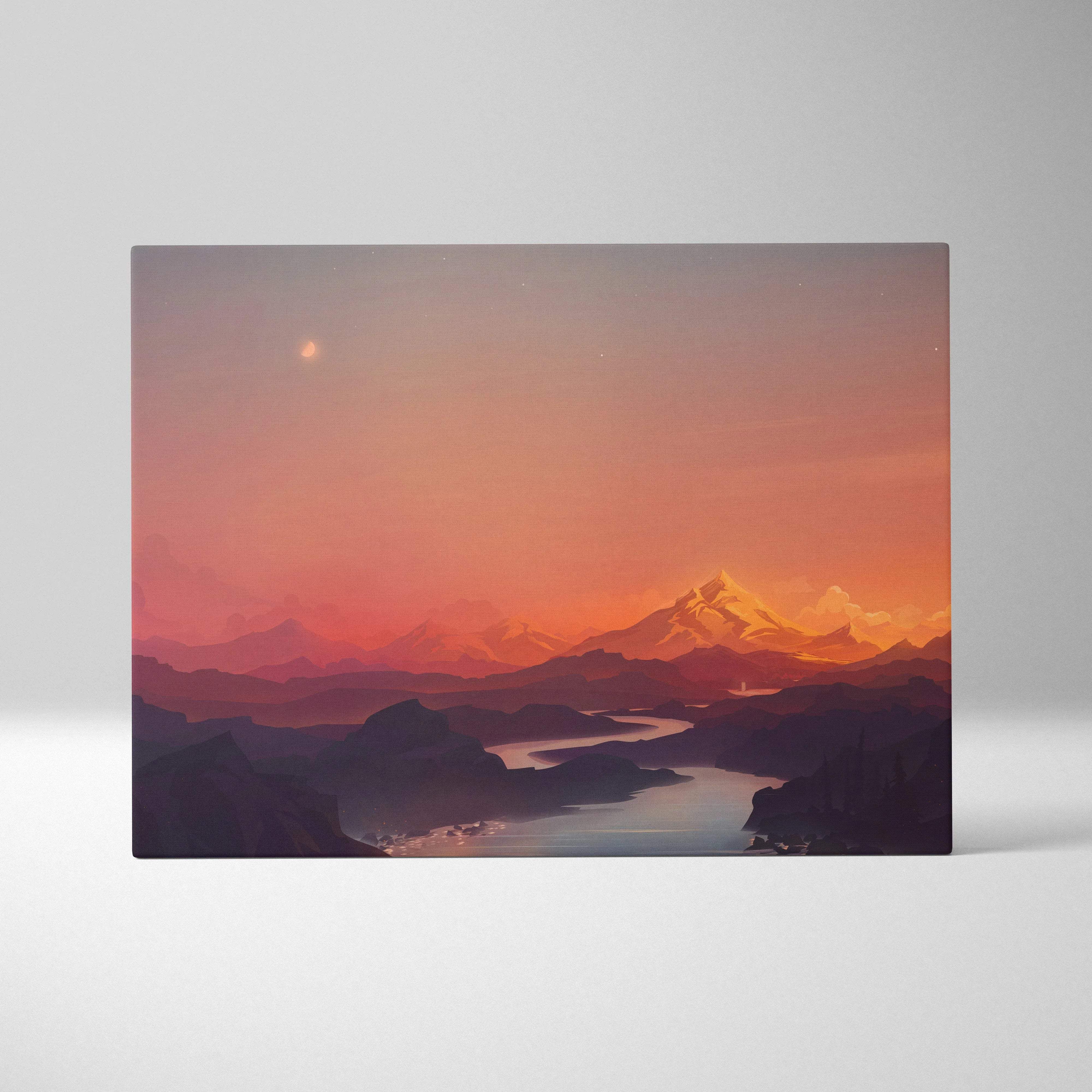 Flat vector sunset mountains canvas print with winding river crescent moon serene orange purple tones