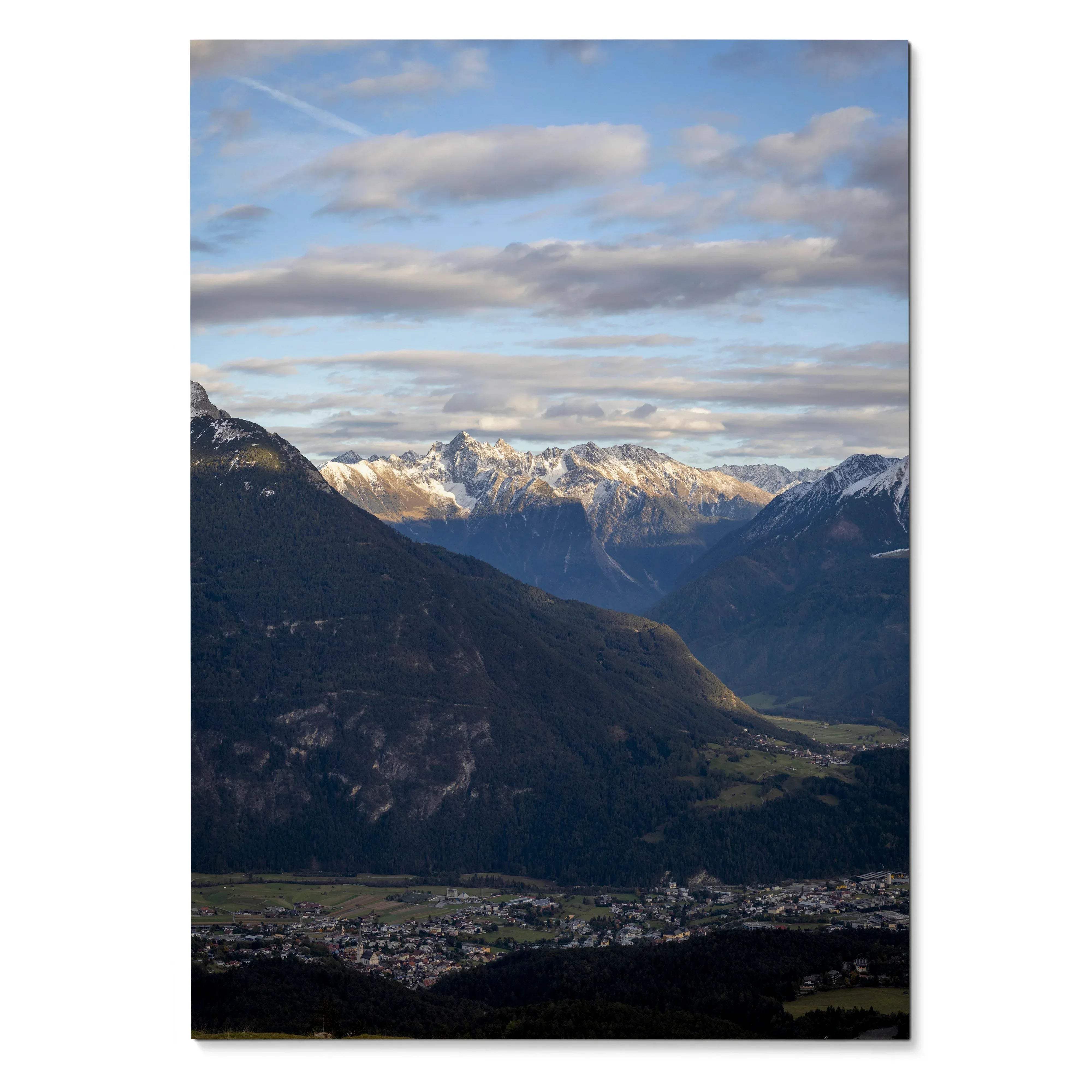 Majestic mountain landscape with snow-capped peaks under a cloudy blue sky poster wall art.