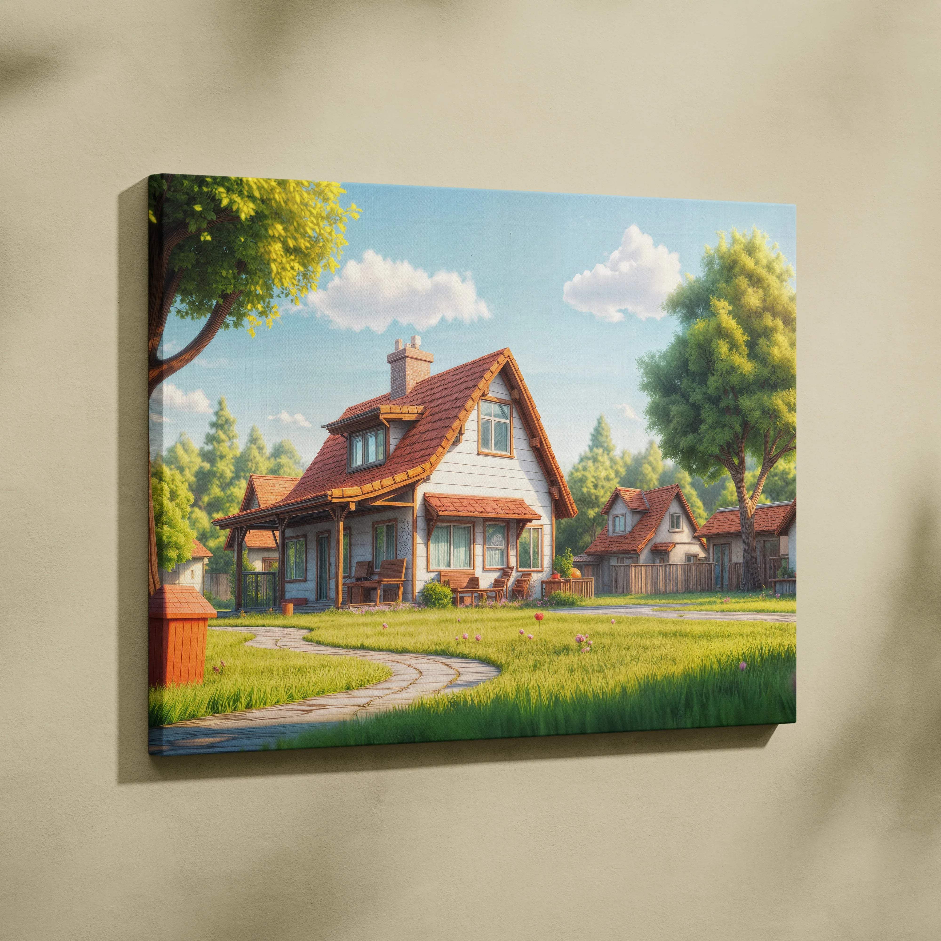 Charming 3D animated suburban cottage canvas wall art in peaceful sunny mood