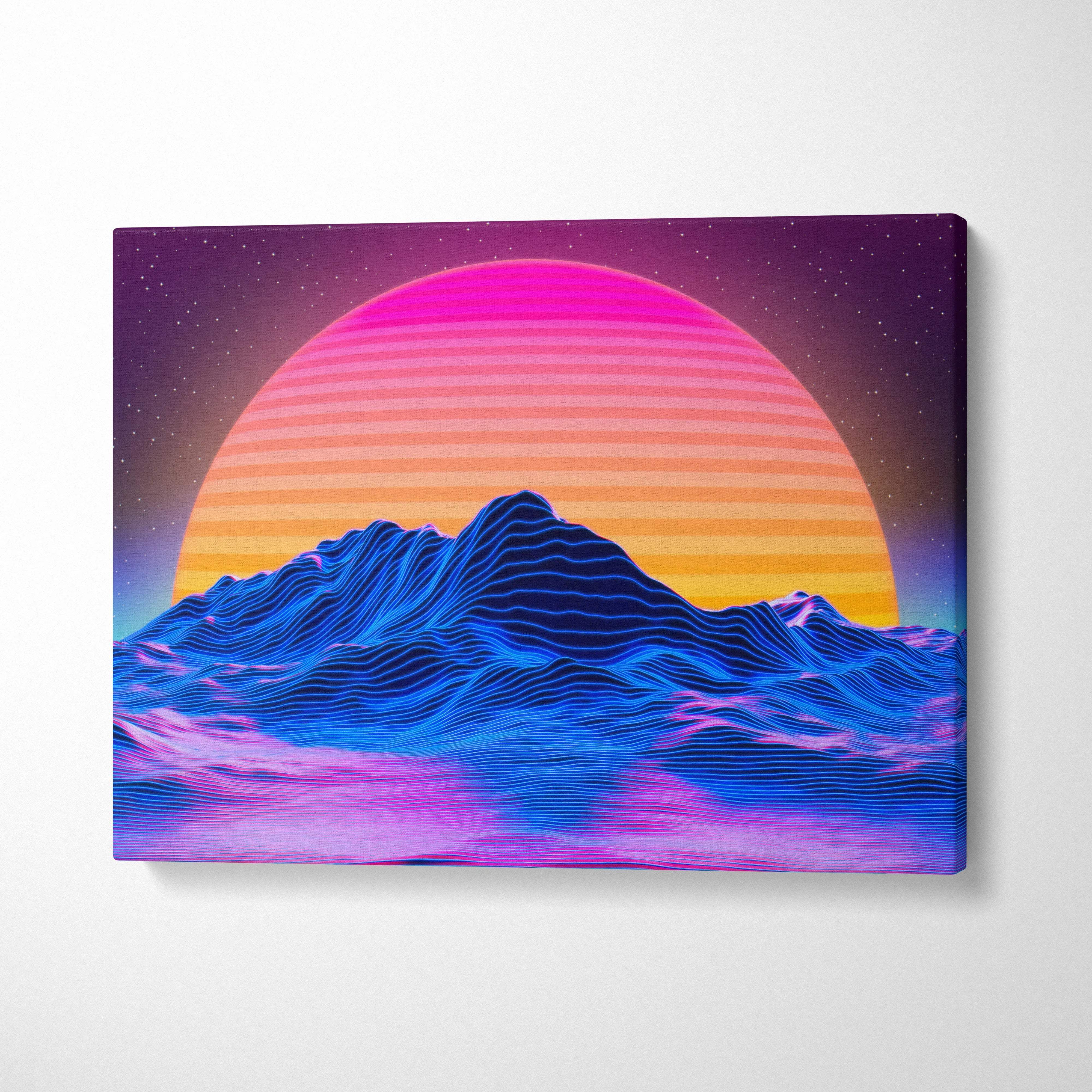 Neon retrowave mountain sunset canvas wall art in electric blues hot pinks orange glow