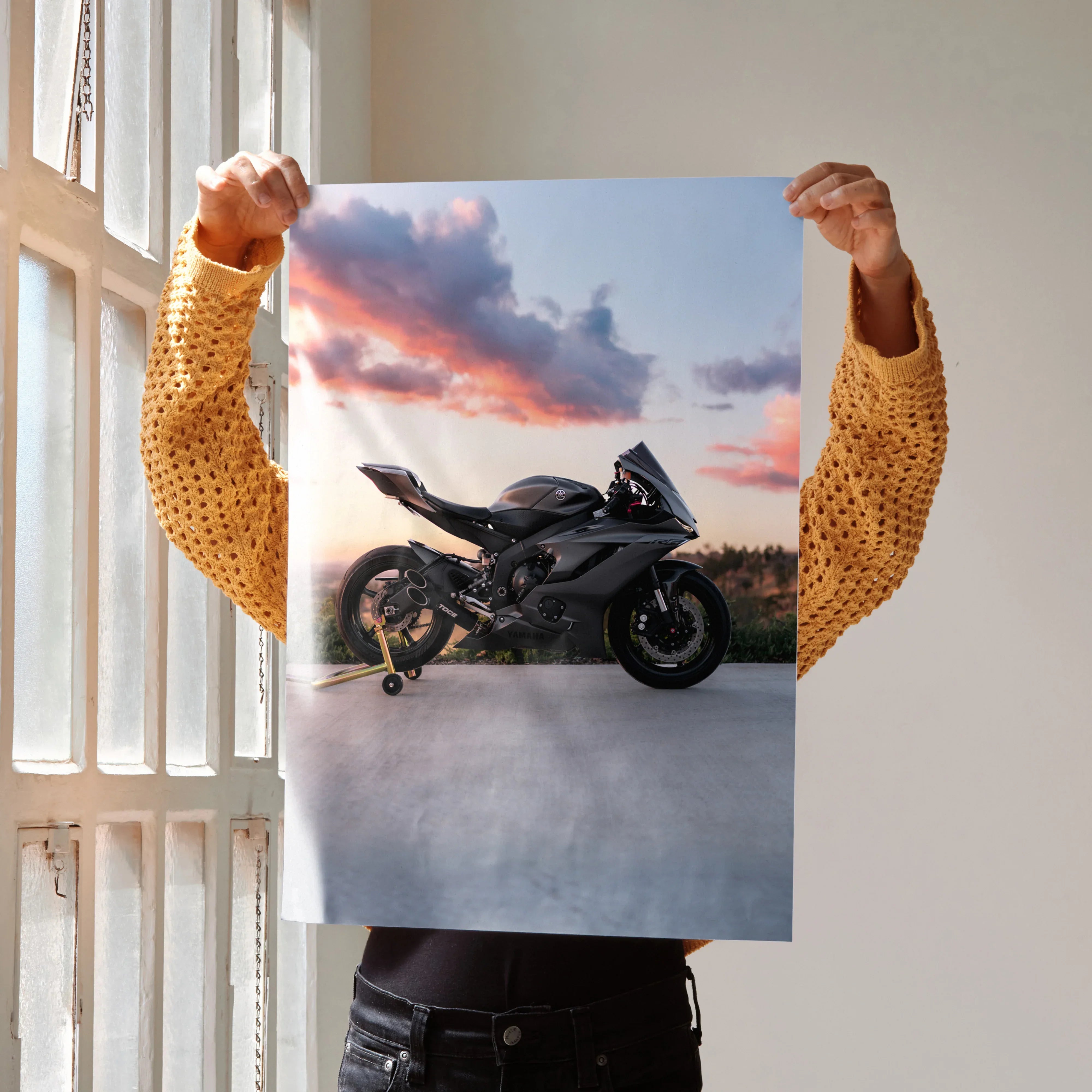Yamaha R6 motorcycle silhouette against sunset sky poster wall art.