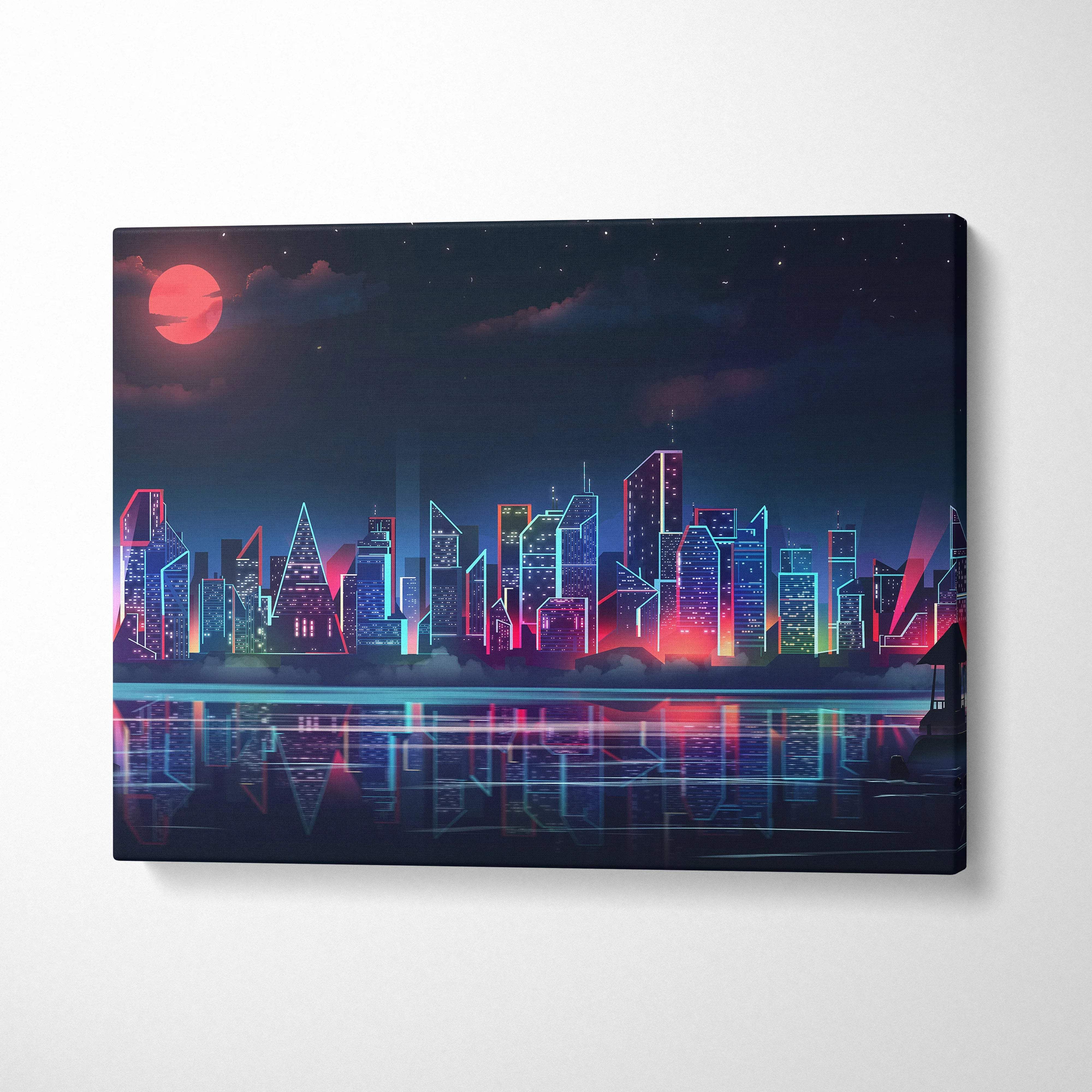 Cyberpunk neon city skyline canvas art with crimson moon reflections