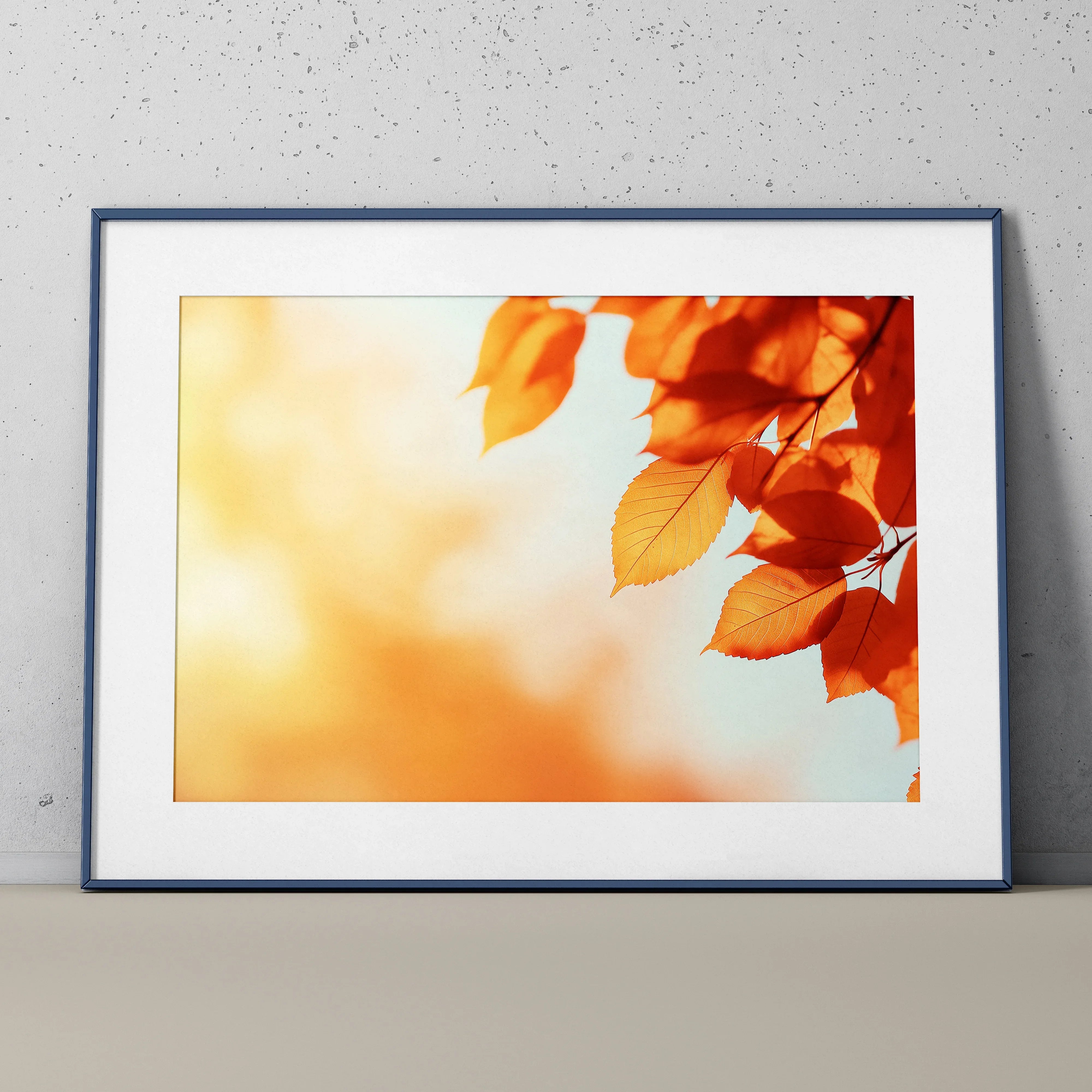 Autumn leaves in vibrant orange tones against soft golden background digital art poster wall art.