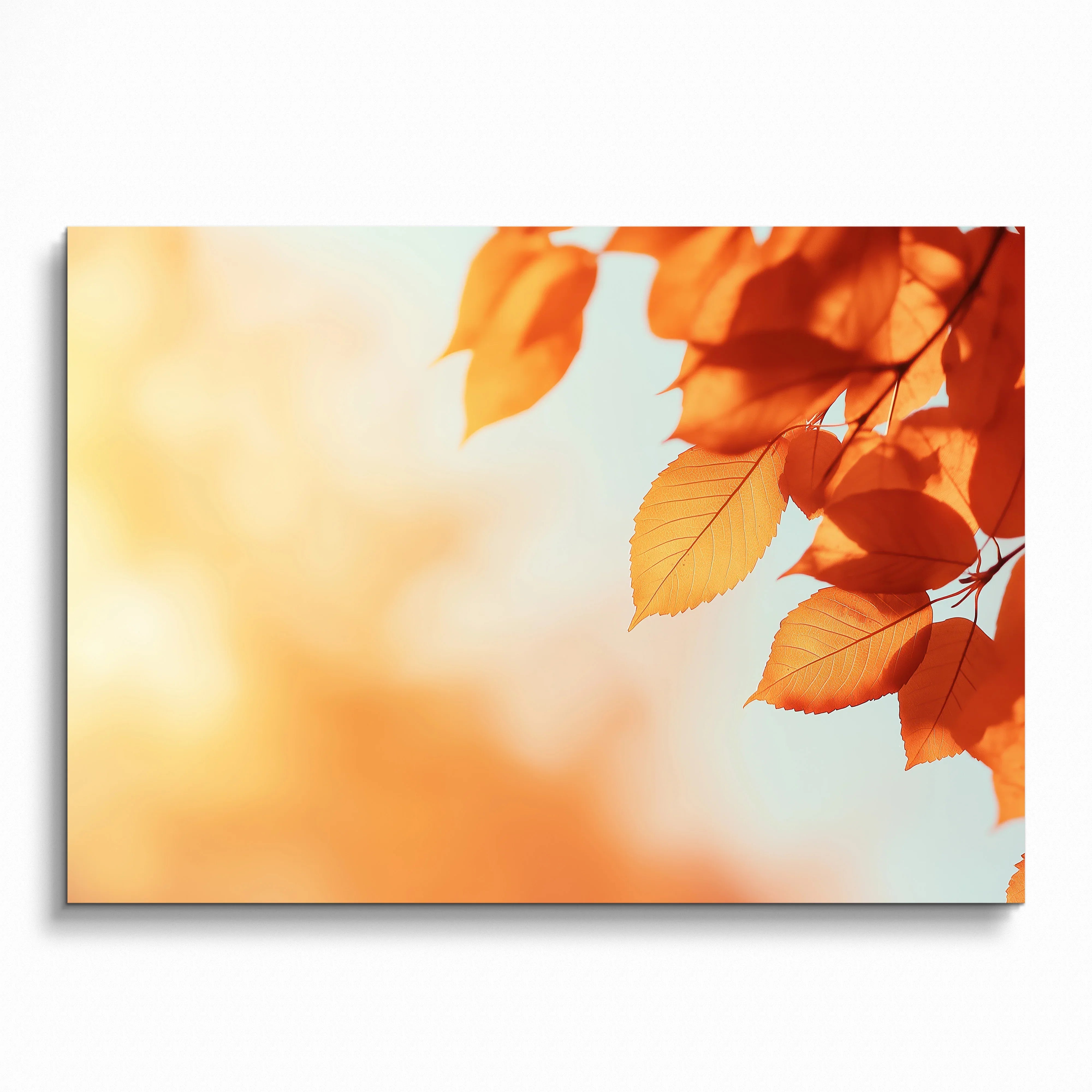 Autumn leaves in bright orange hues on a soft blurred background poster wall art.