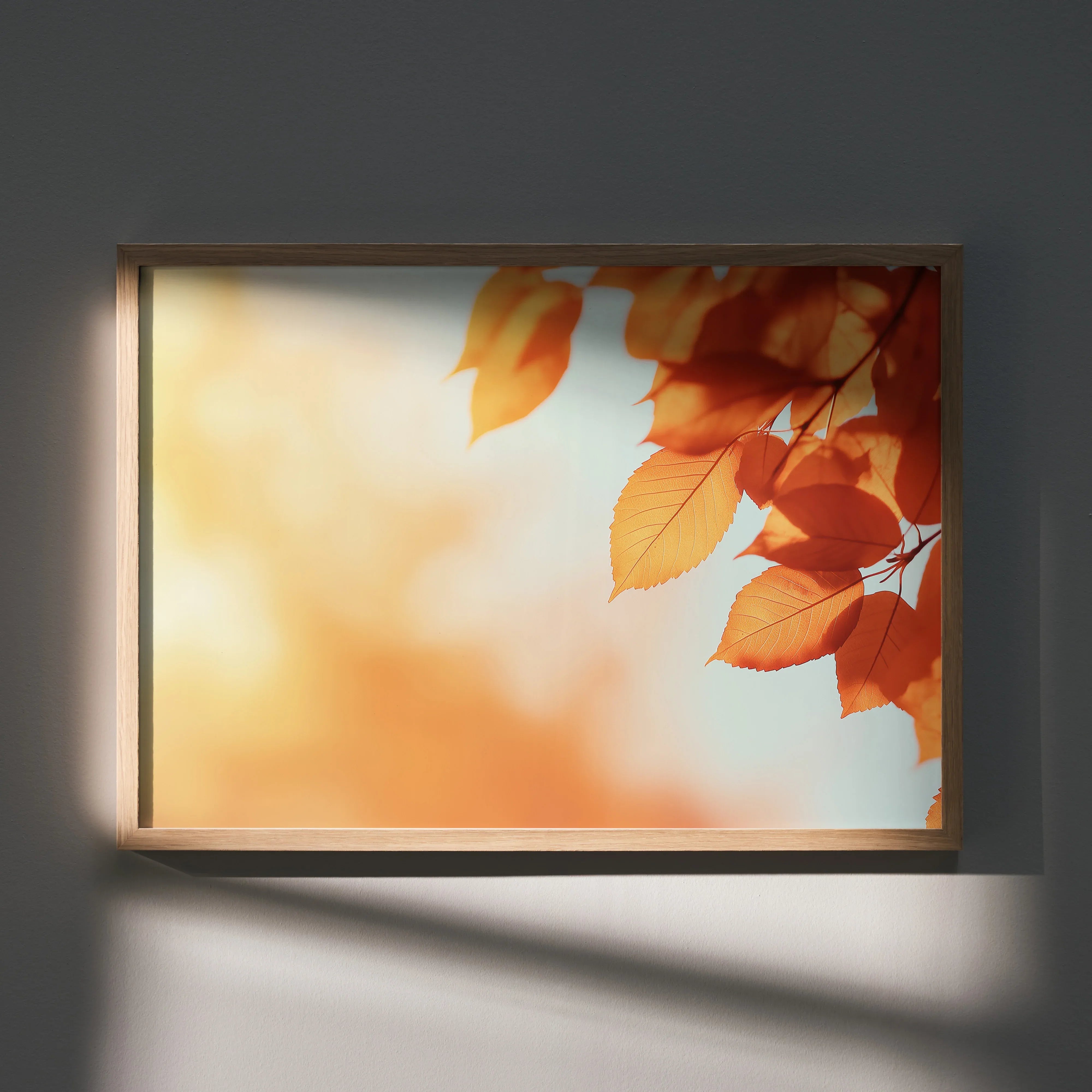 Autumn leaves in warm orange hues against soft blurred background poster wall art.
