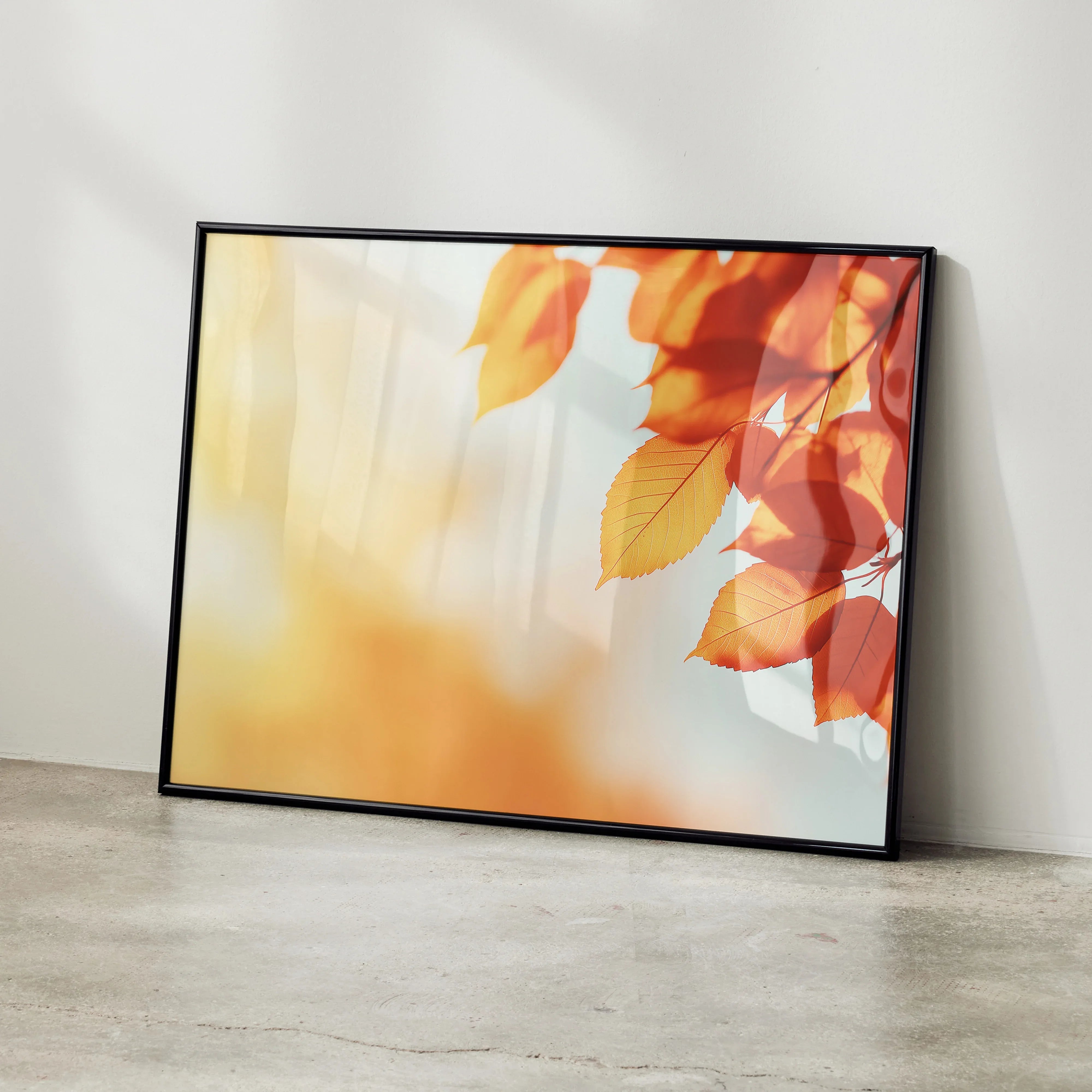 Autumn leaves in warm orange tones digital art poster framed as wall art.