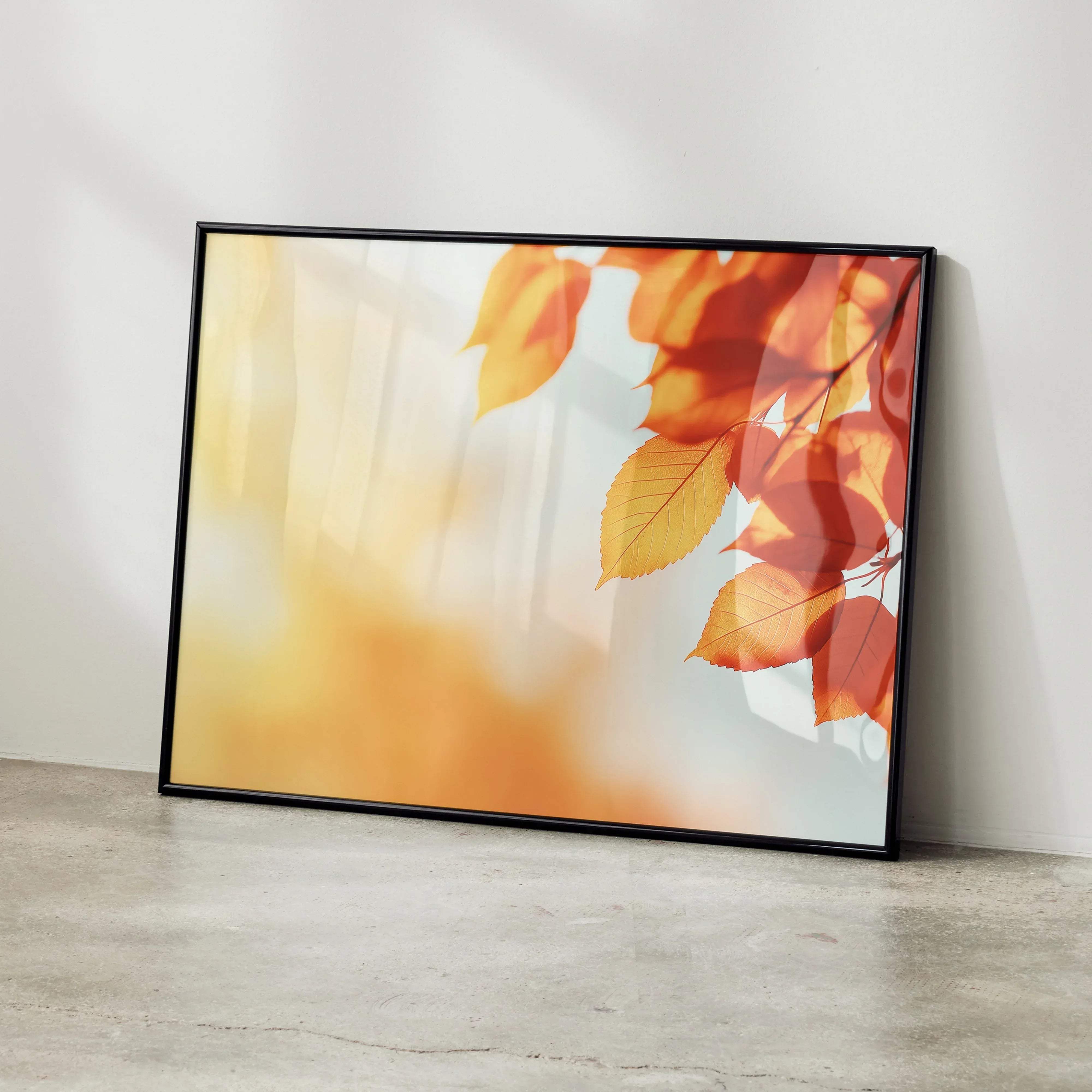 A framed vibrant autumn nature digital art poster with orange and yellow leaves in a sleek black frame
