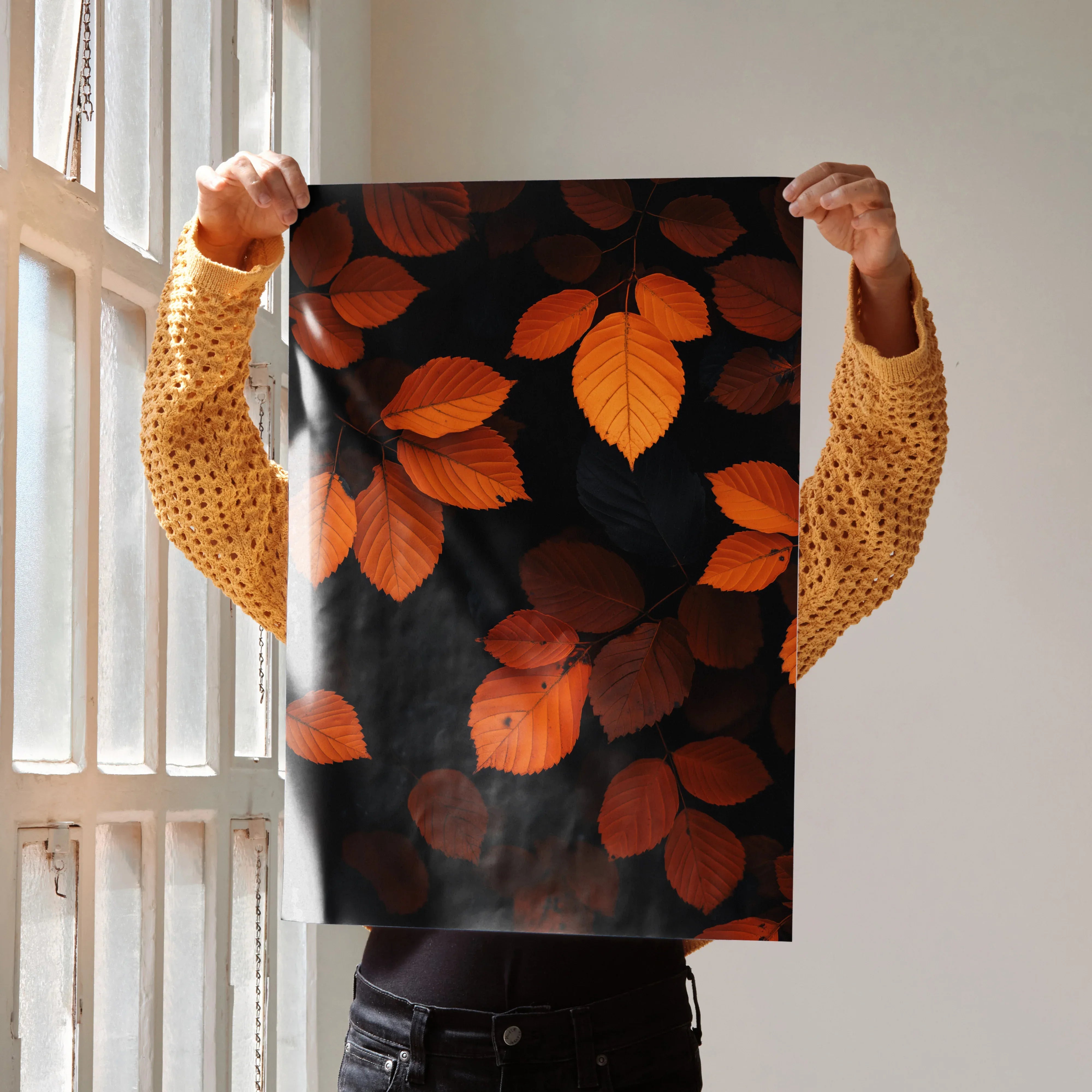 Vertical poster featuring vibrant orange autumn leaves on a dark background, nature wall art.