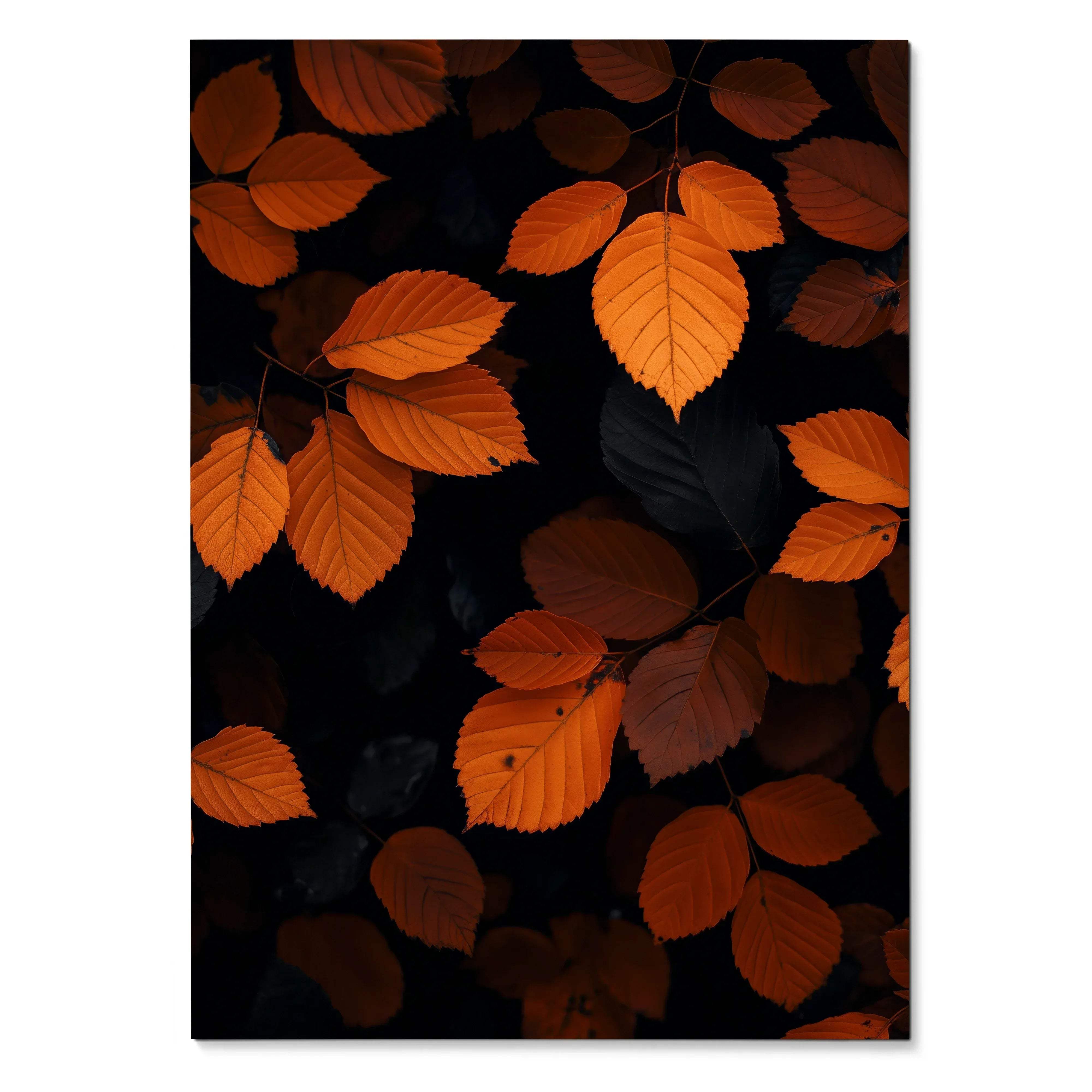 Vertical wall art poster with vibrant orange autumn leaves against a dark background.