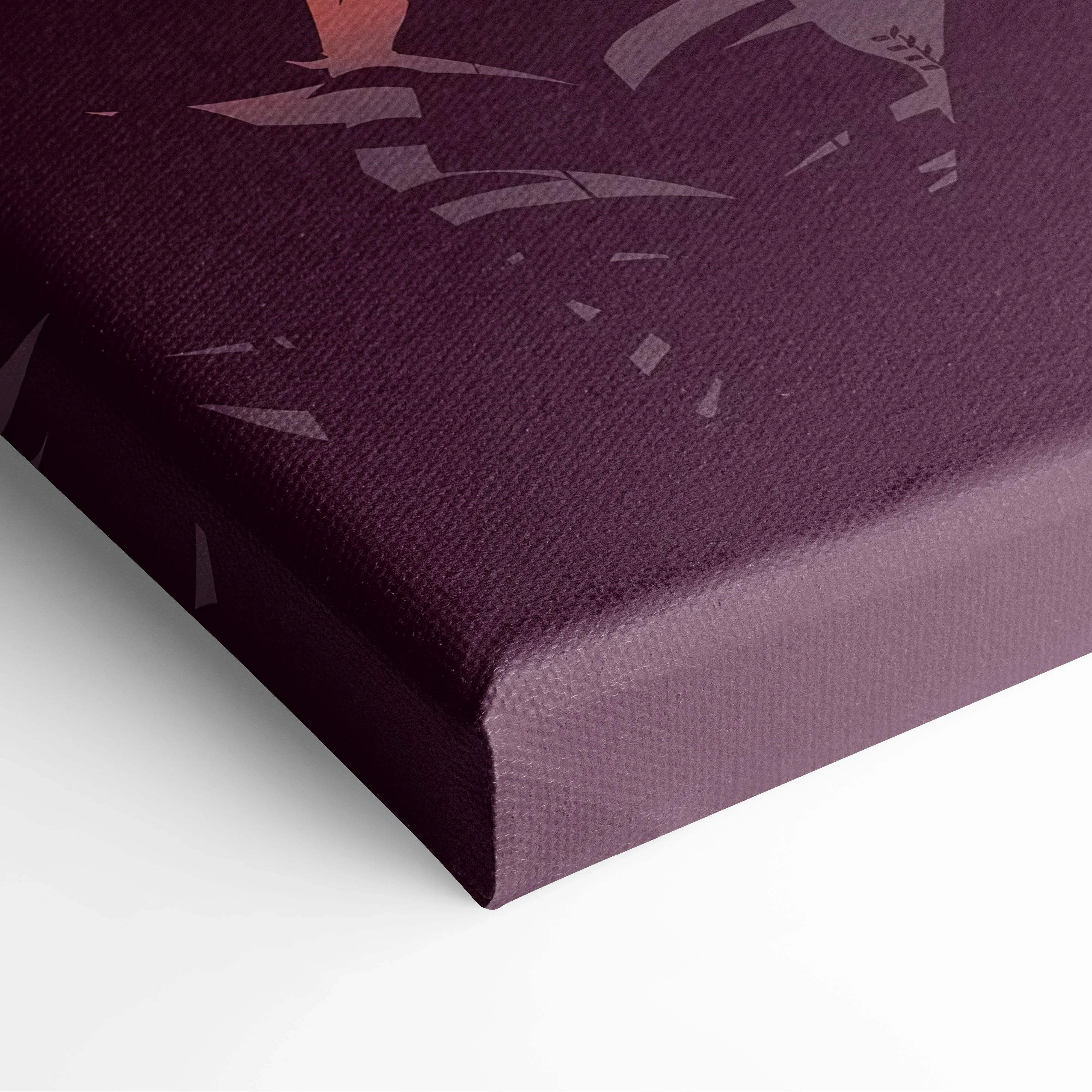 Stylized tropical sunset canvas art in deep purple with gray orange accents