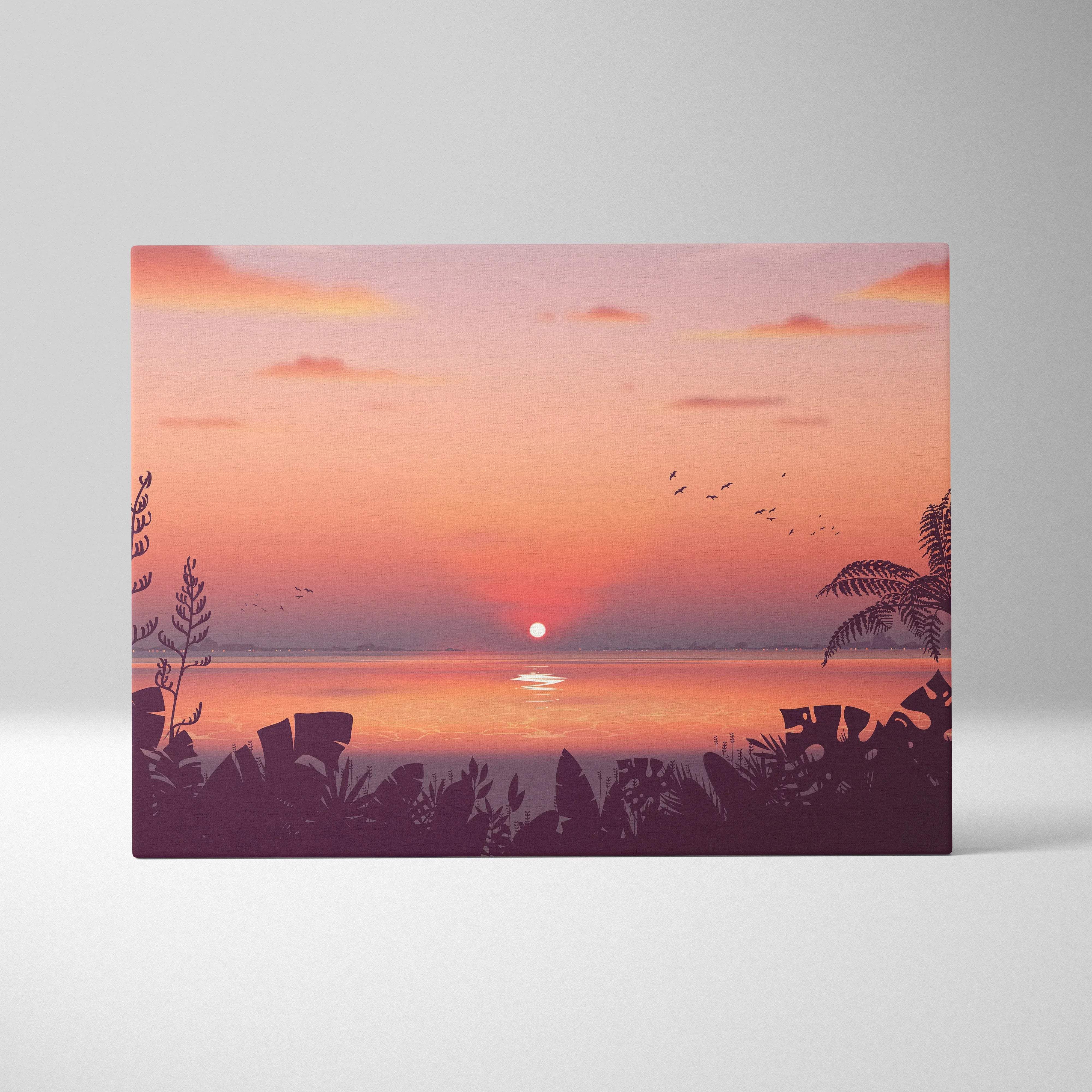 Stylized tropical sunset canvas wall art with glowing sun over calm sea, silhouetted palms and birds in peach coral tones