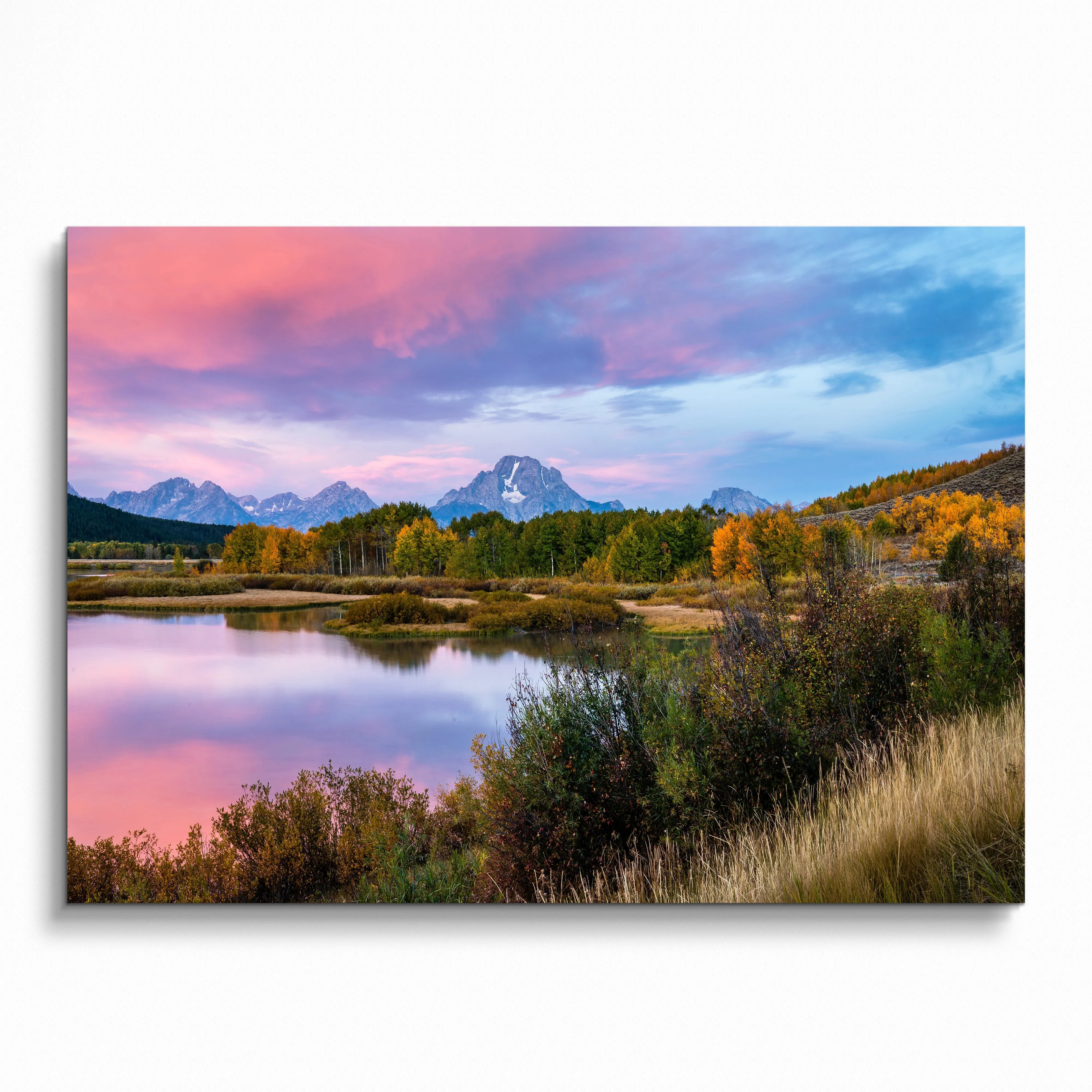 Mountain sunset poster wall art with vibrant pink and blue sky over reflective lake and autumn trees.