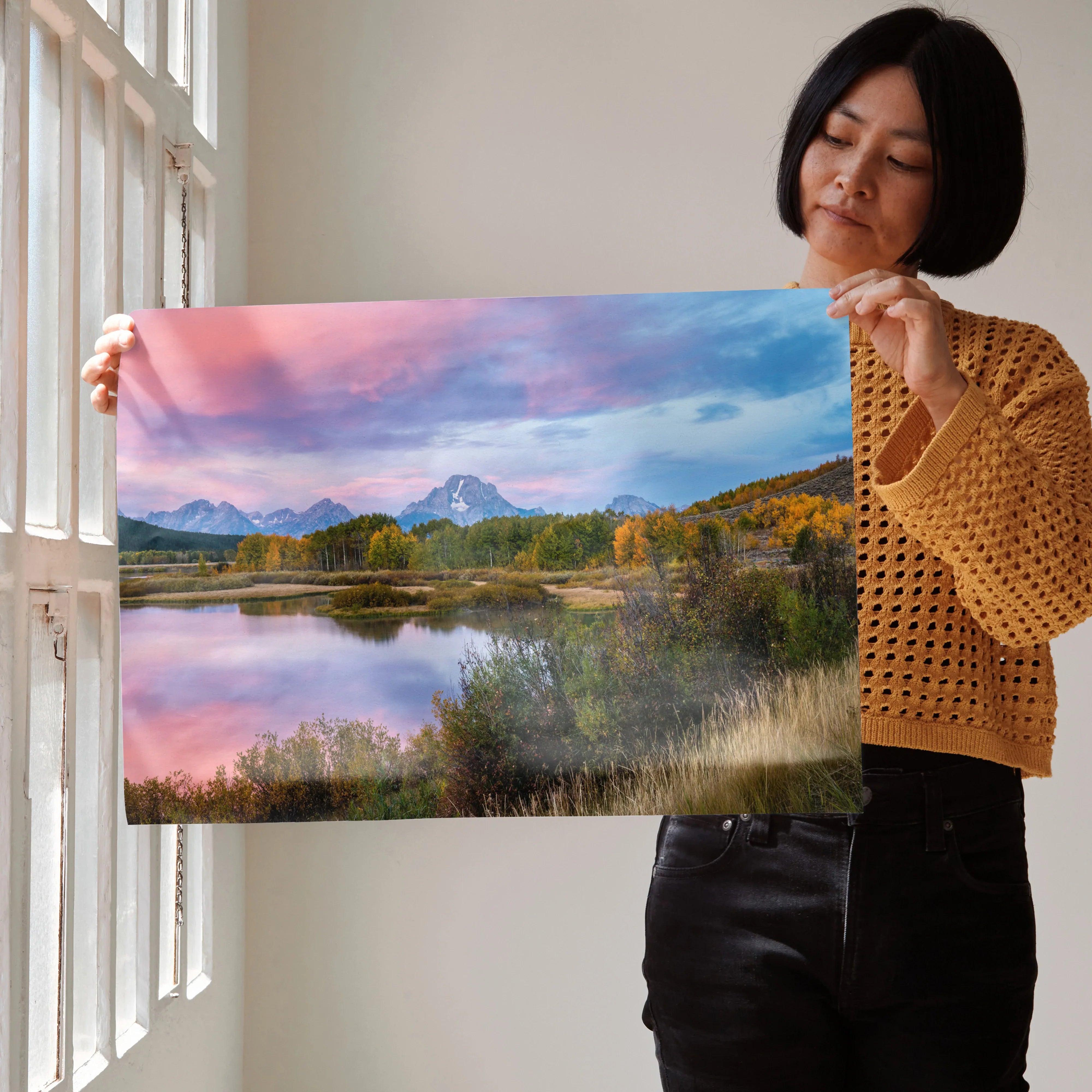Mountain sunset poster wall art with pink and blue sky reflecting on calm lake.