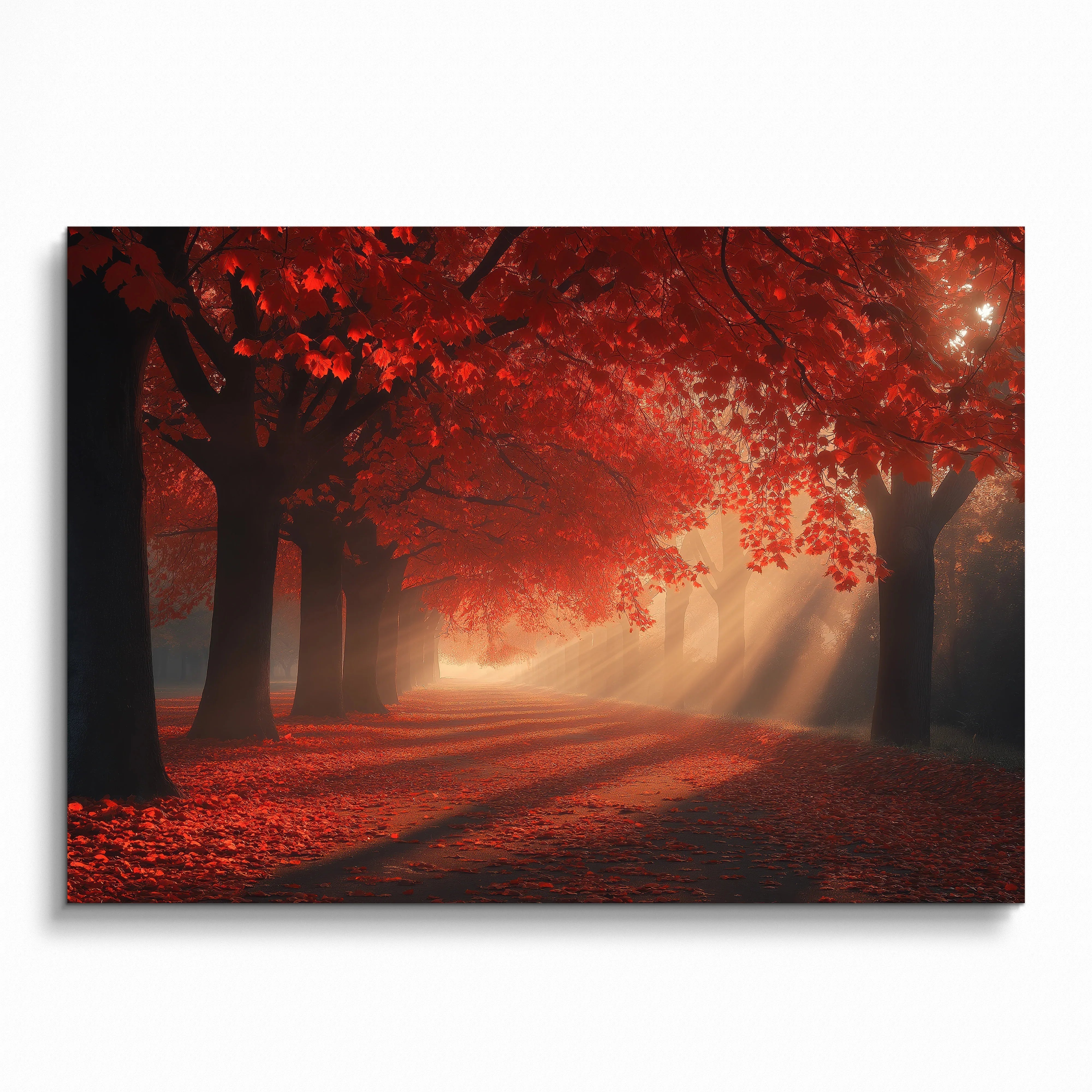 Vibrant autumn forest digital art poster with red leaves and sun rays shining through trees wall art.