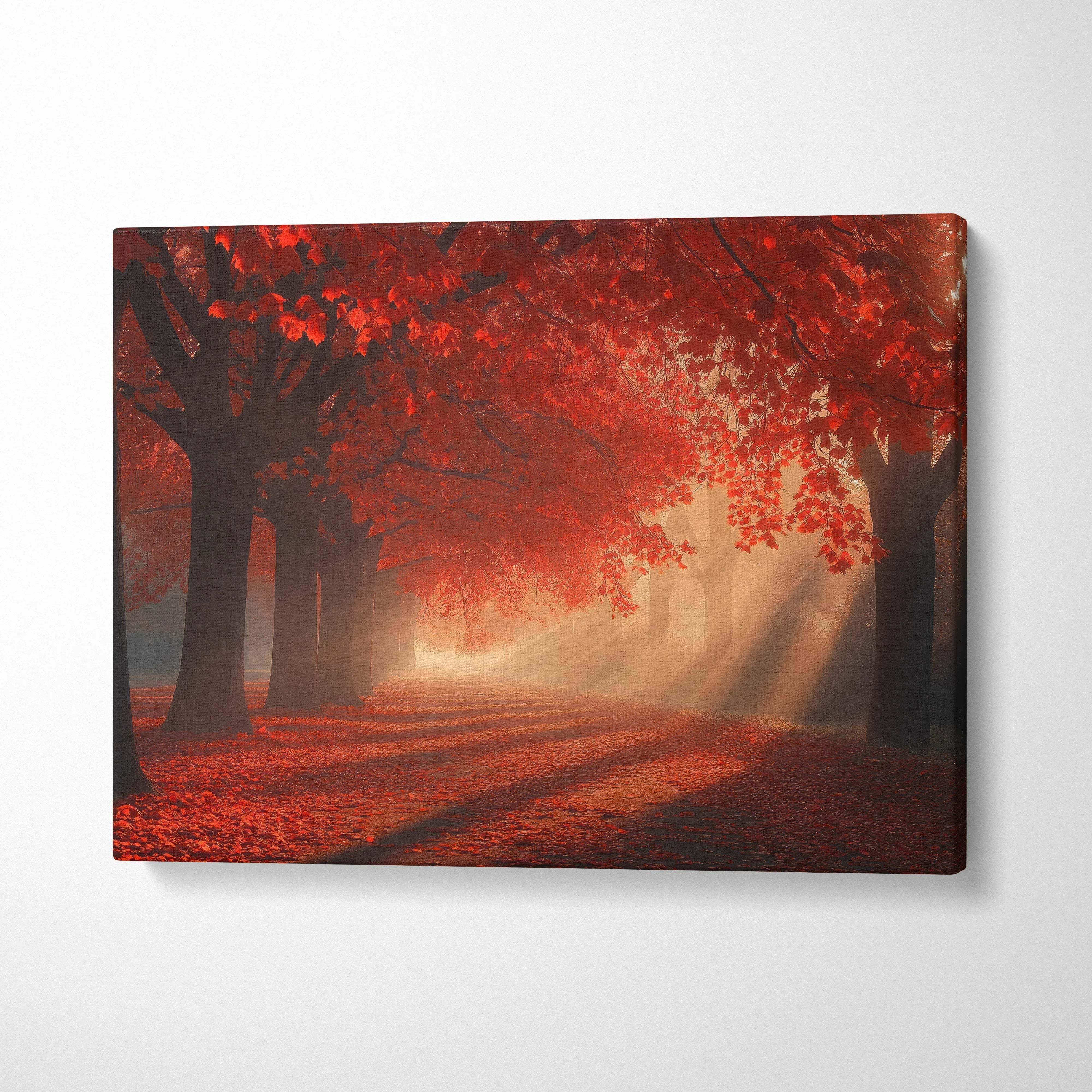 Autumn forest path with red leaves and sunlight beams on canvas wall art.