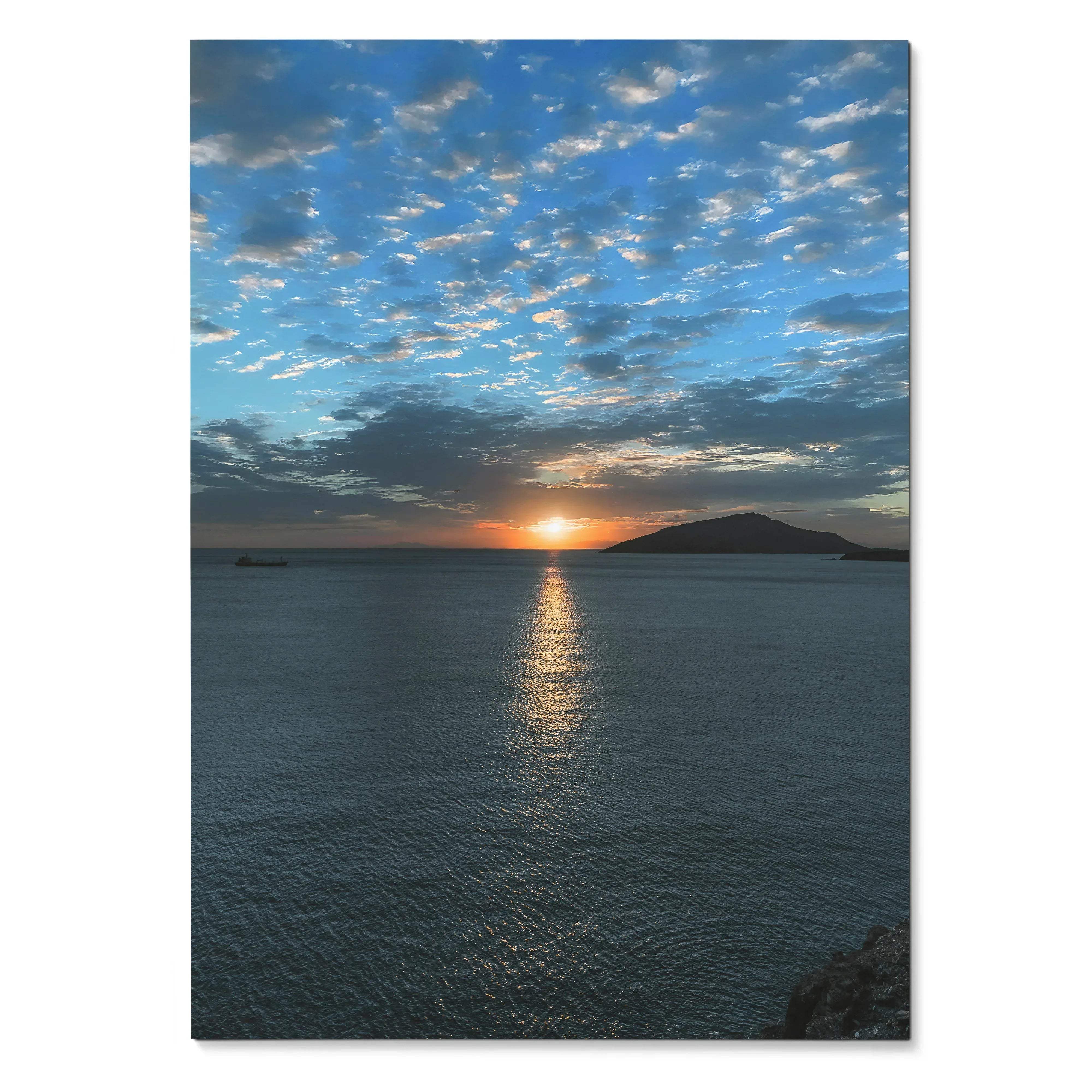 Vertical wall art poster of ocean sunset with vibrant blue sky and glowing sun reflection.