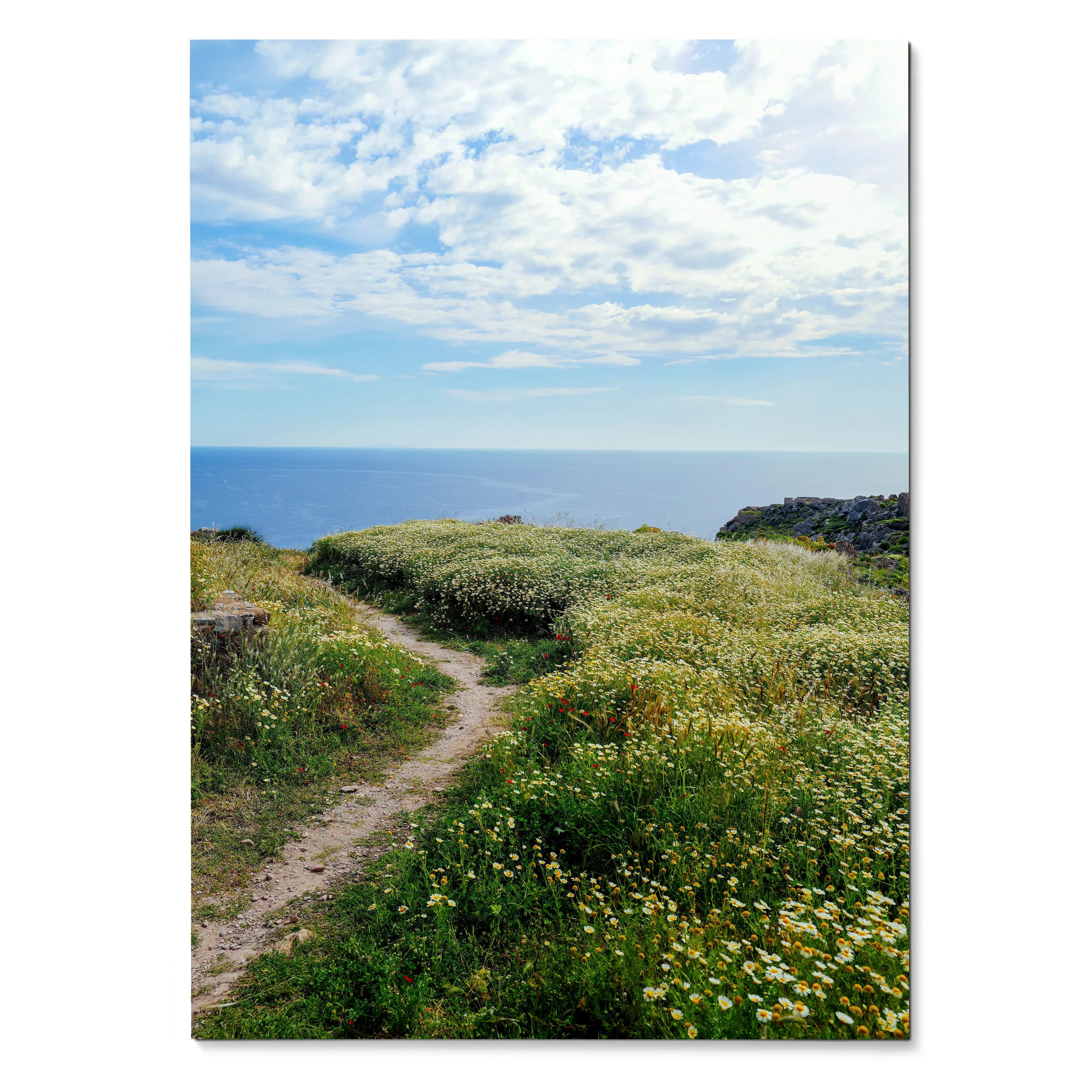 Vertical wall art poster of a grassy coastal path under a bright sky with scattered clouds.