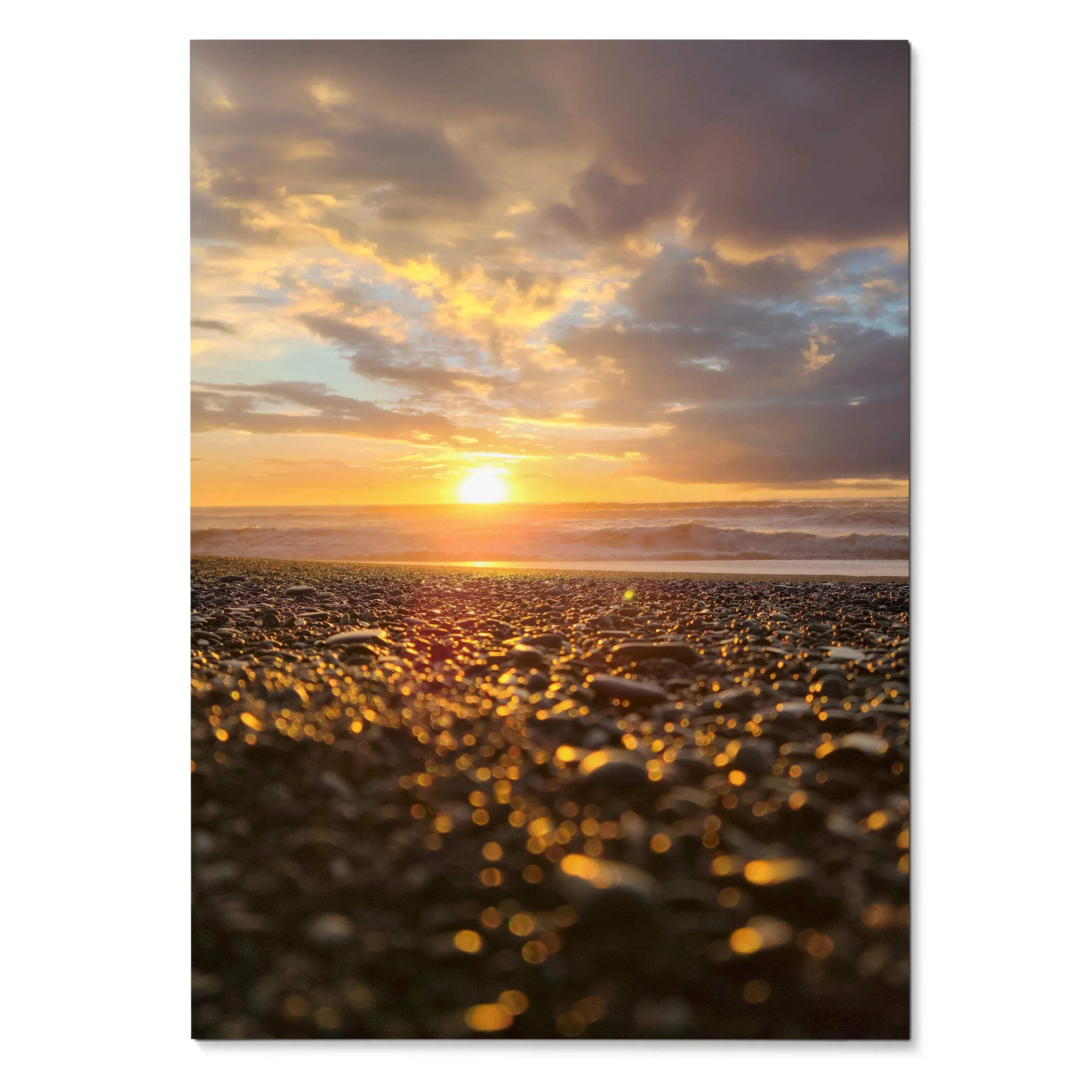 Vertical ocean sunset beach poster with golden light reflecting on wet pebbles wall art.