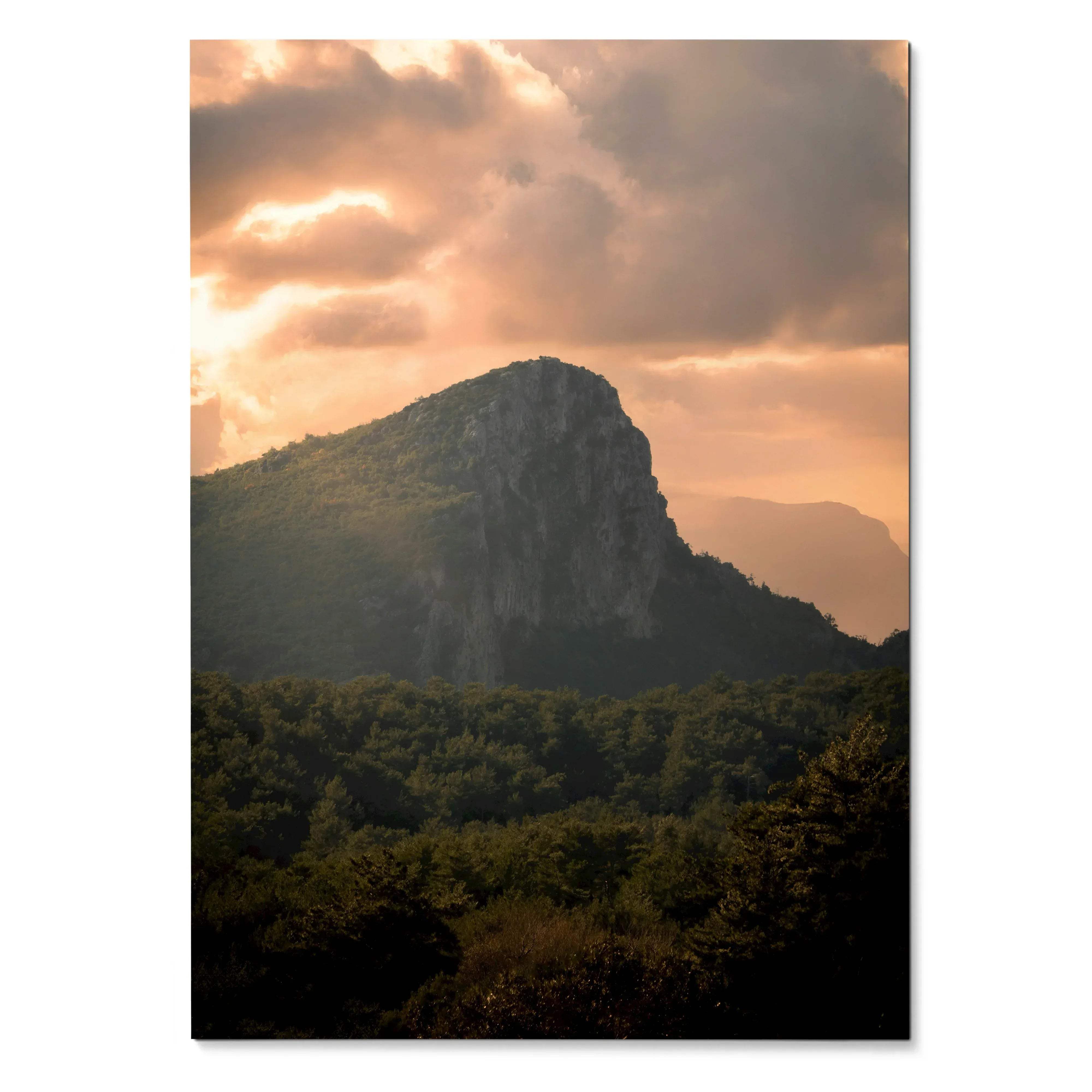 Vertical poster of mountain peak at sunset with dramatic clouds, warm orange and pink tones wall art.
