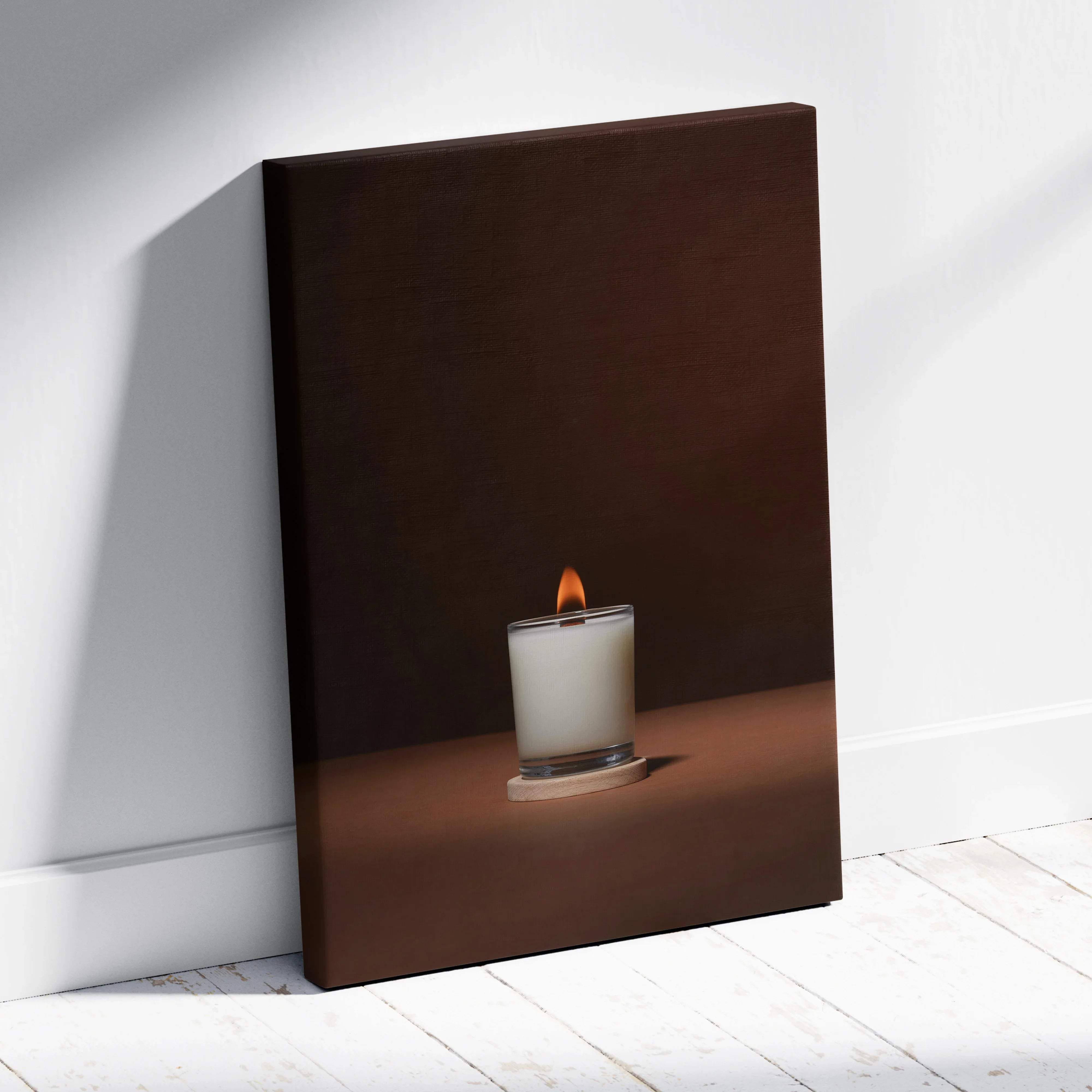 Minimalist white candle in glass jar with warm amber cream glow canvas art