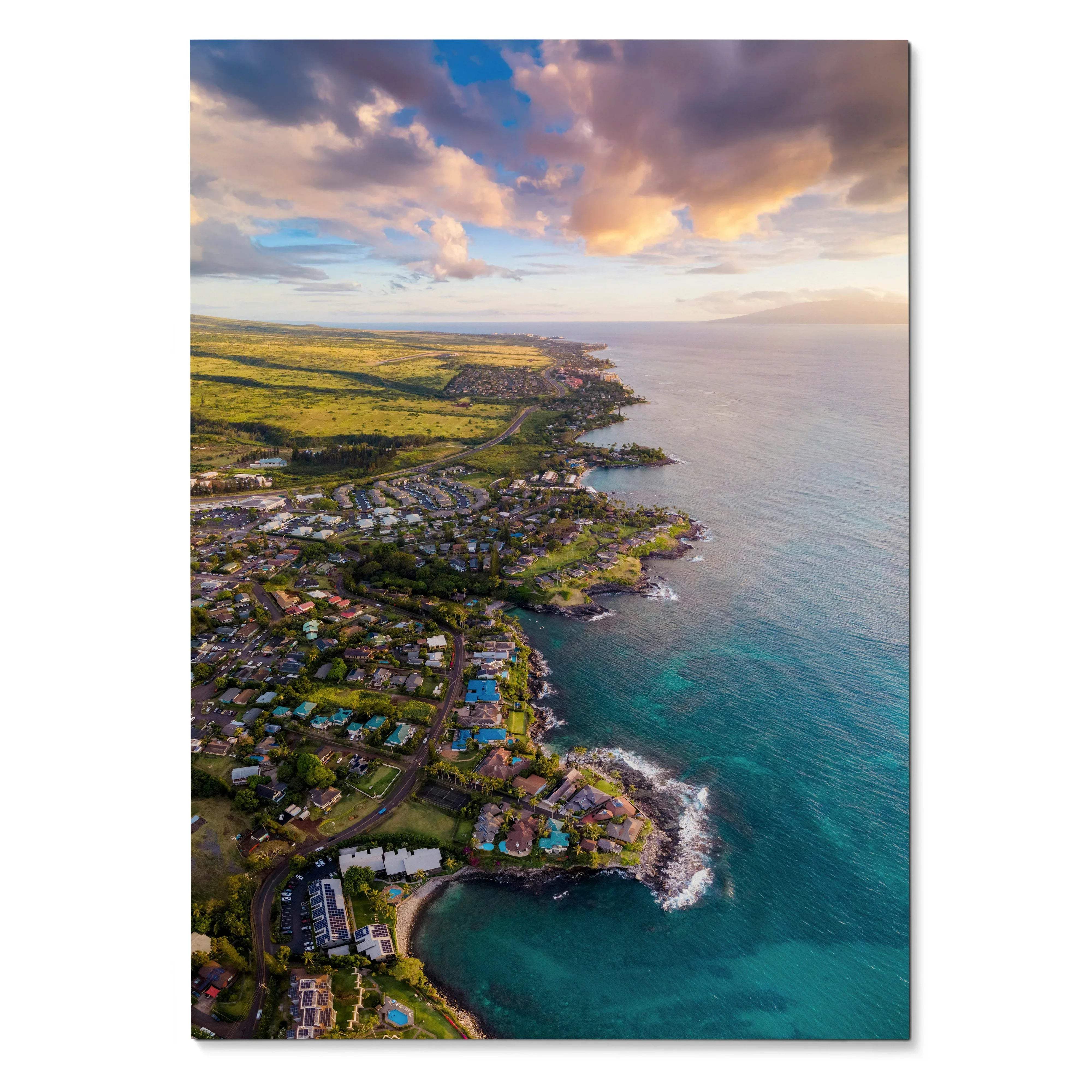 Vertical beach wall art poster featuring a serene ocean sunset with coastal landscape and vibrant sky colors.