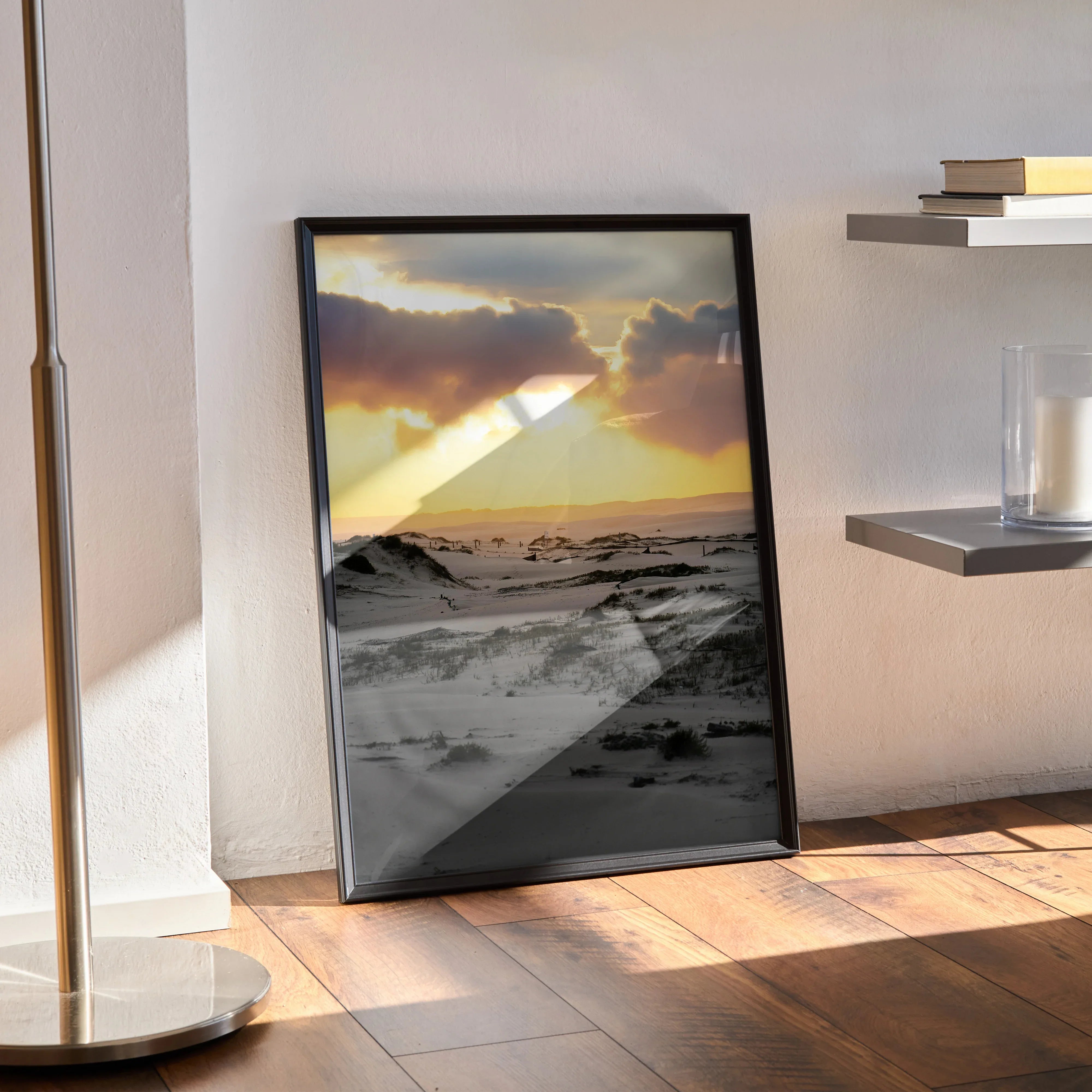 Snow-covered landscape at sunset with dramatic clouds in black frame poster wall art.