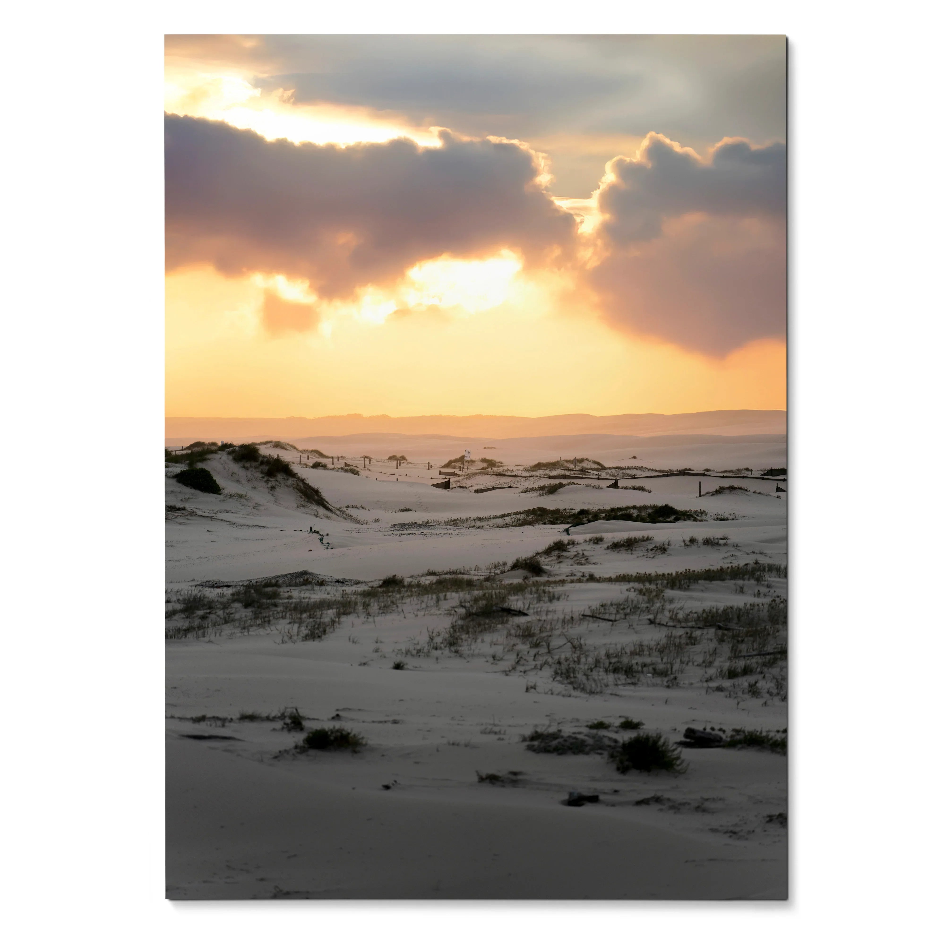 Vertical poster of snow-covered dunes under a glowing sunset sky, nature wall art.