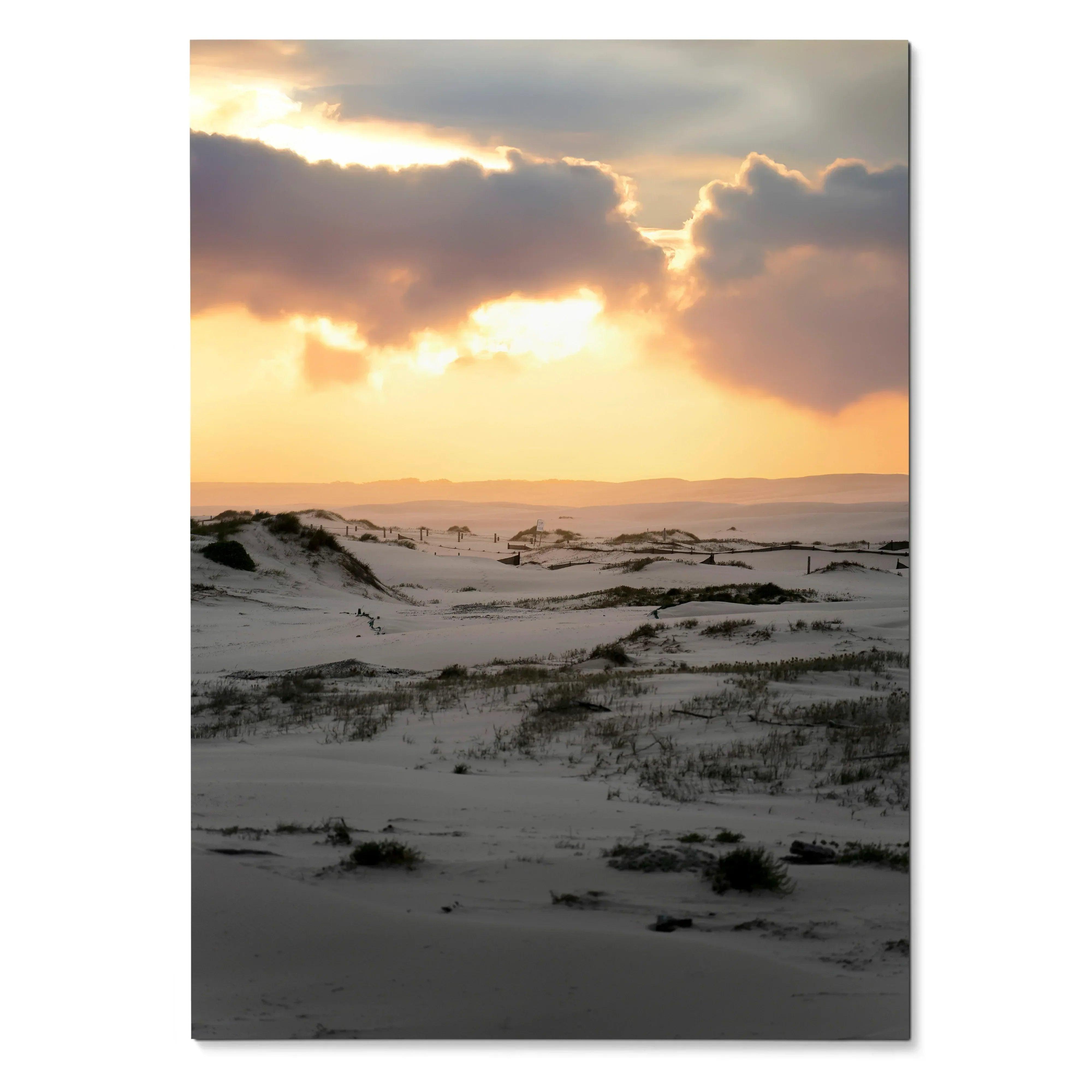 Vertical poster of snow-covered dunes under a glowing sunset sky, nature wall art.