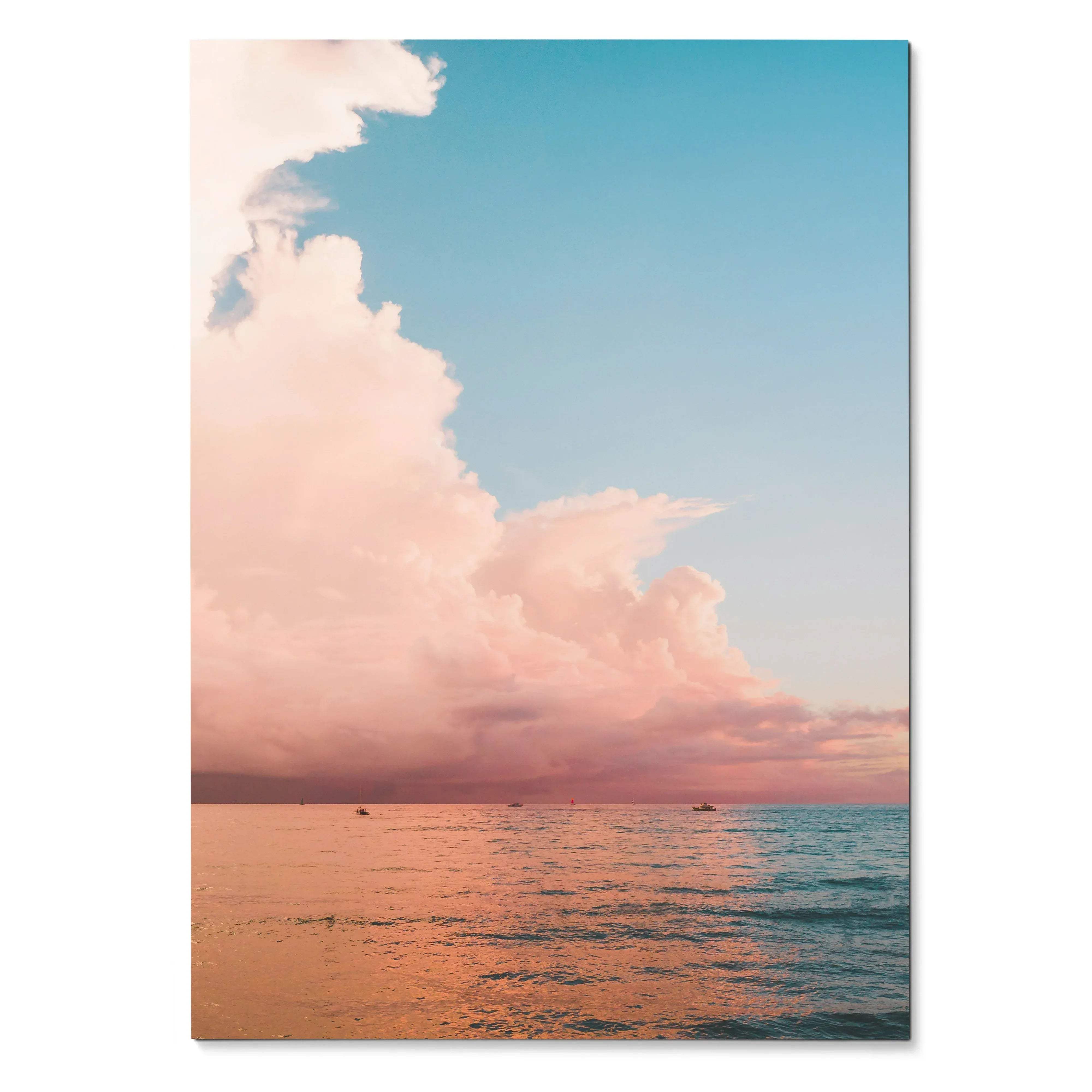 Ocean sunset with pink clouds over calm sea poster vertical wall art.