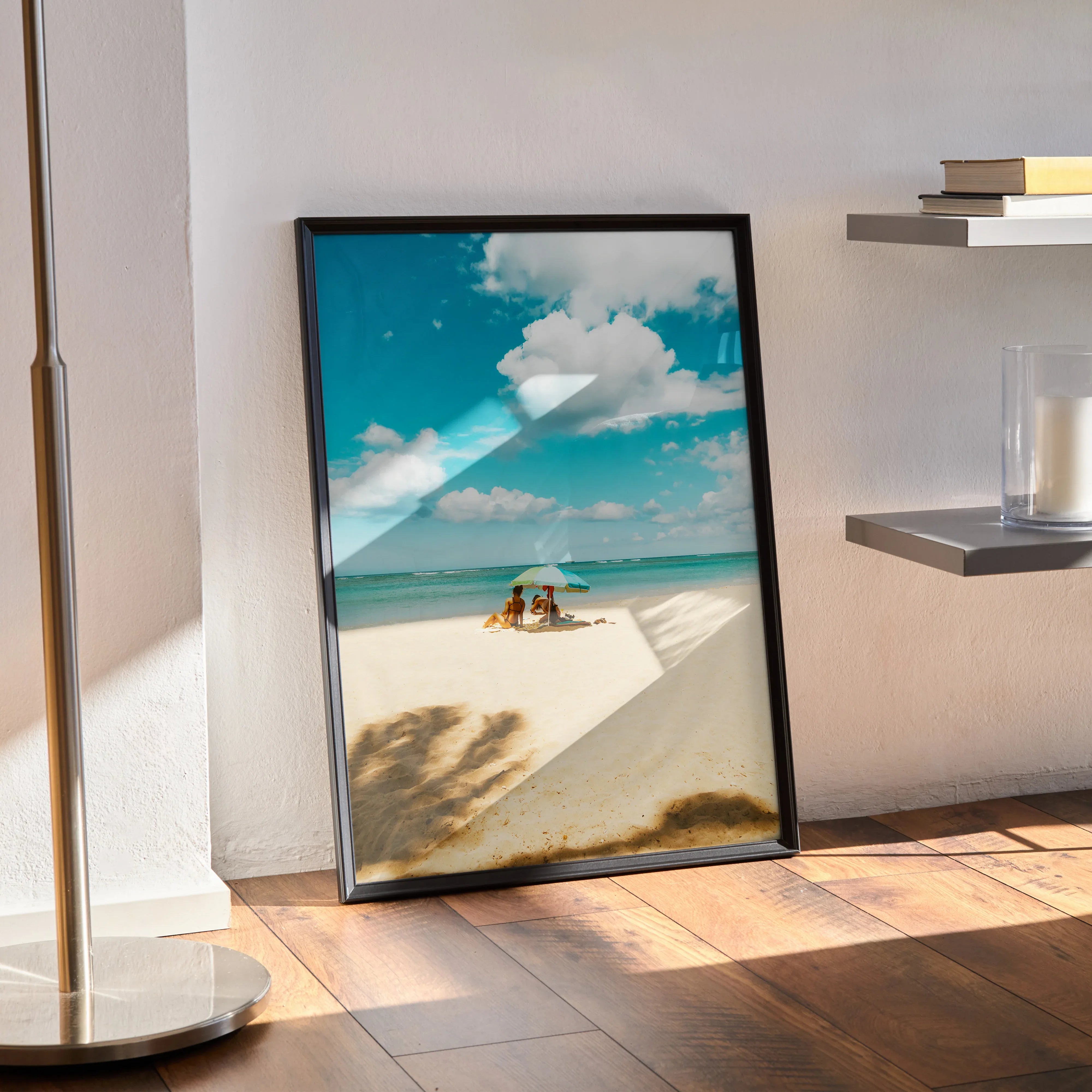 Serene beach sunset ocean art print poster with vibrant sky and sandy shore wall art.