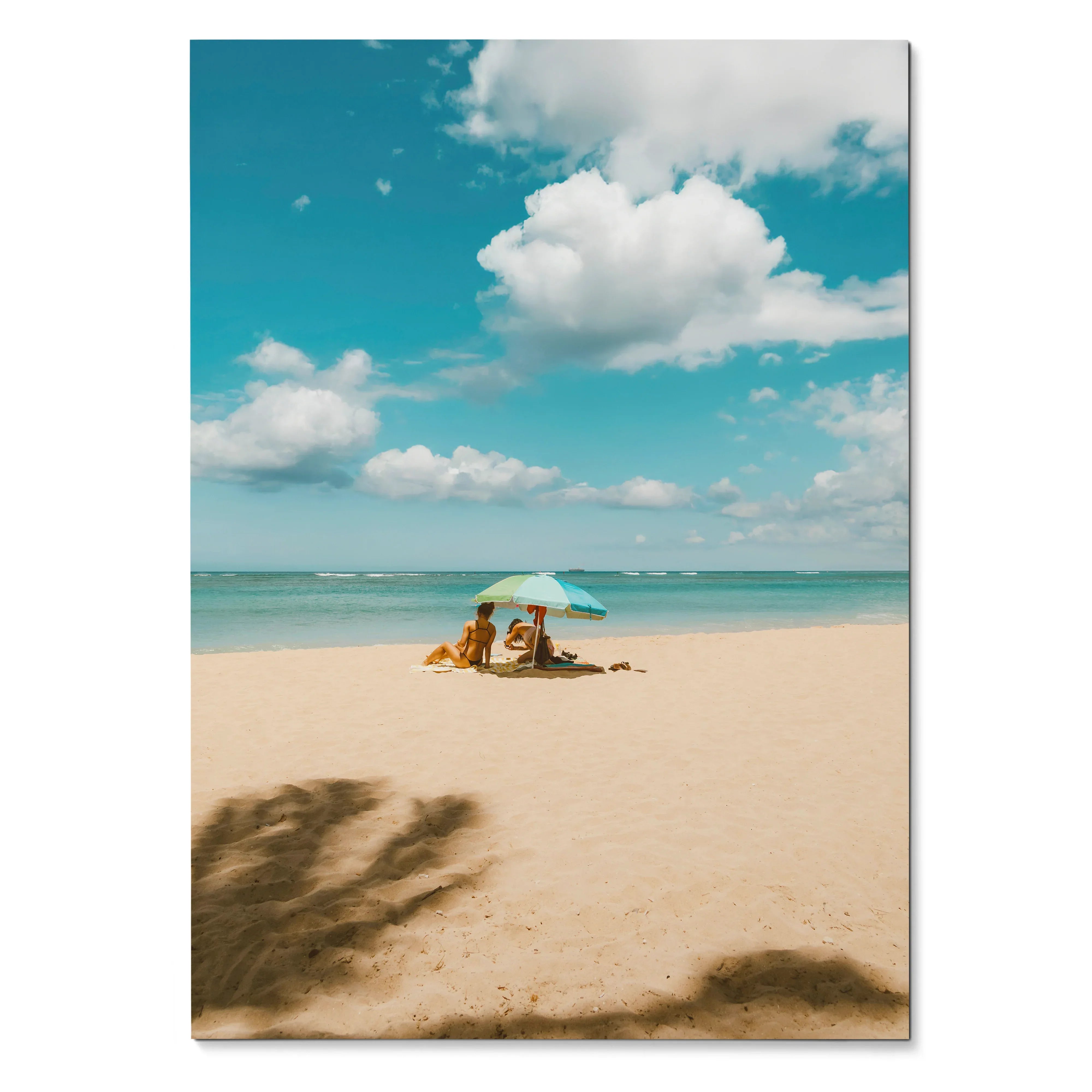 Vertical beach sunset poster with vibrant ocean, sandy shore, and turquoise umbrella wall art.