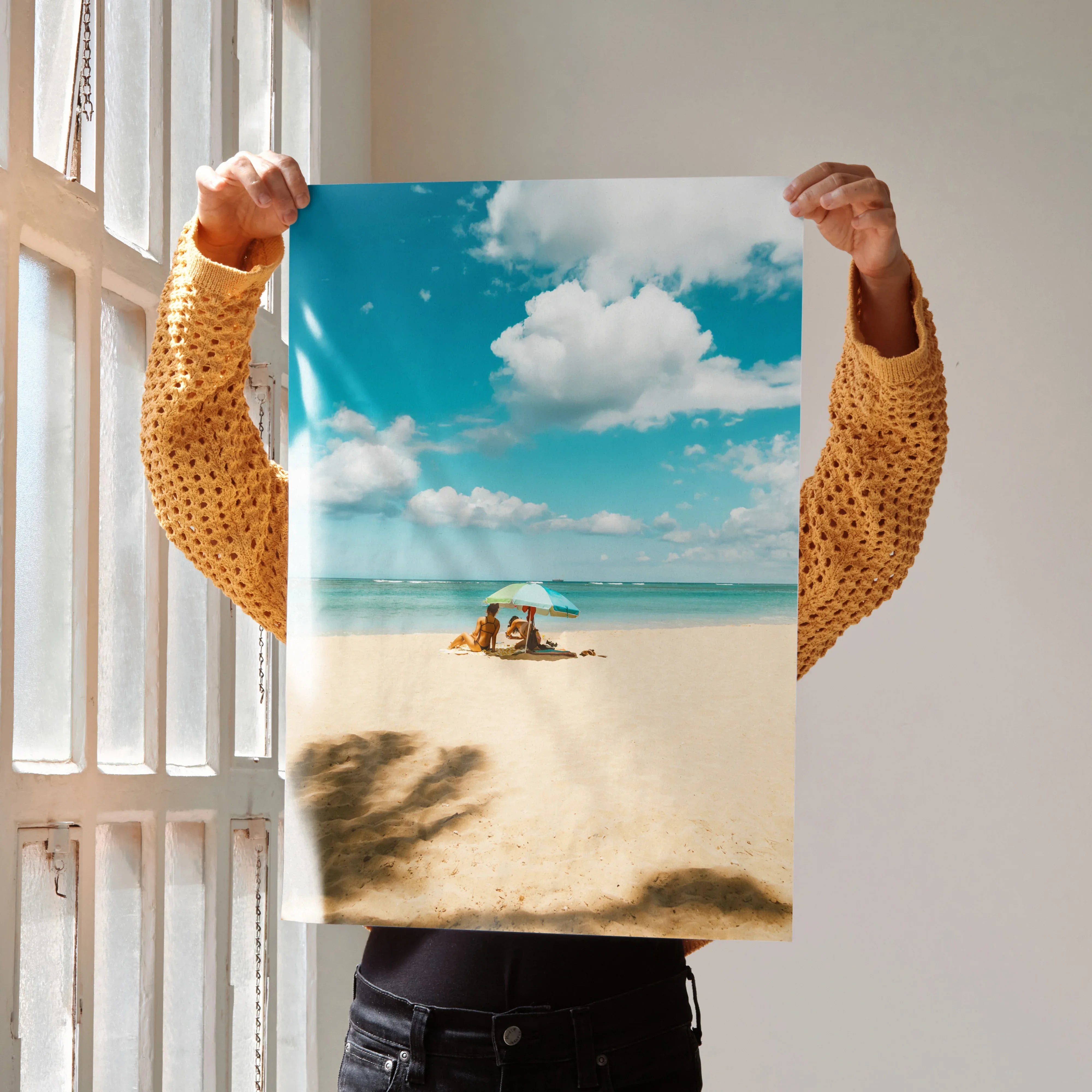 Serene beach sunset ocean art poster with sandy shore and turquoise water wall art.