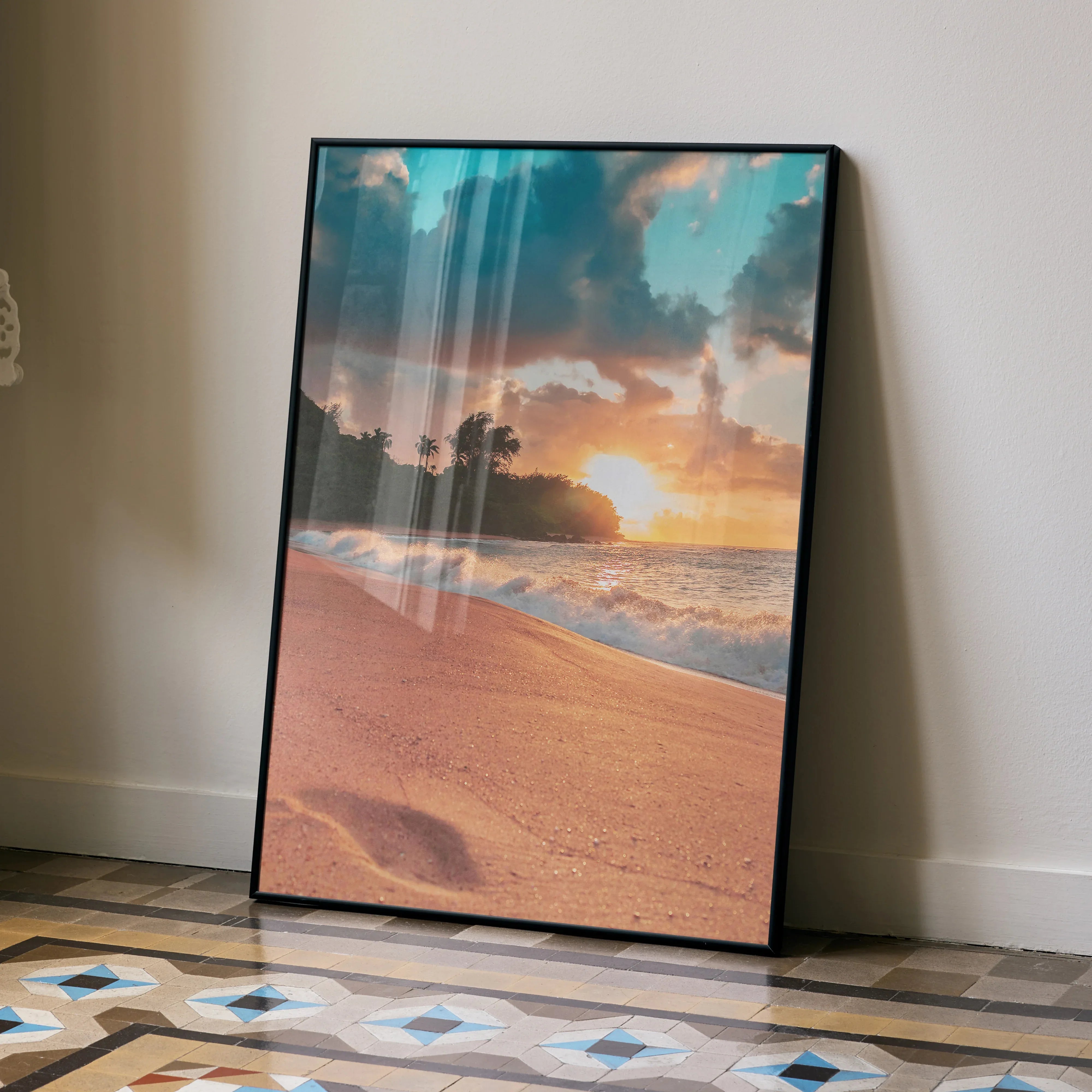 Serene beach sunset poster with ocean waves and palm silhouettes vertical wall art.