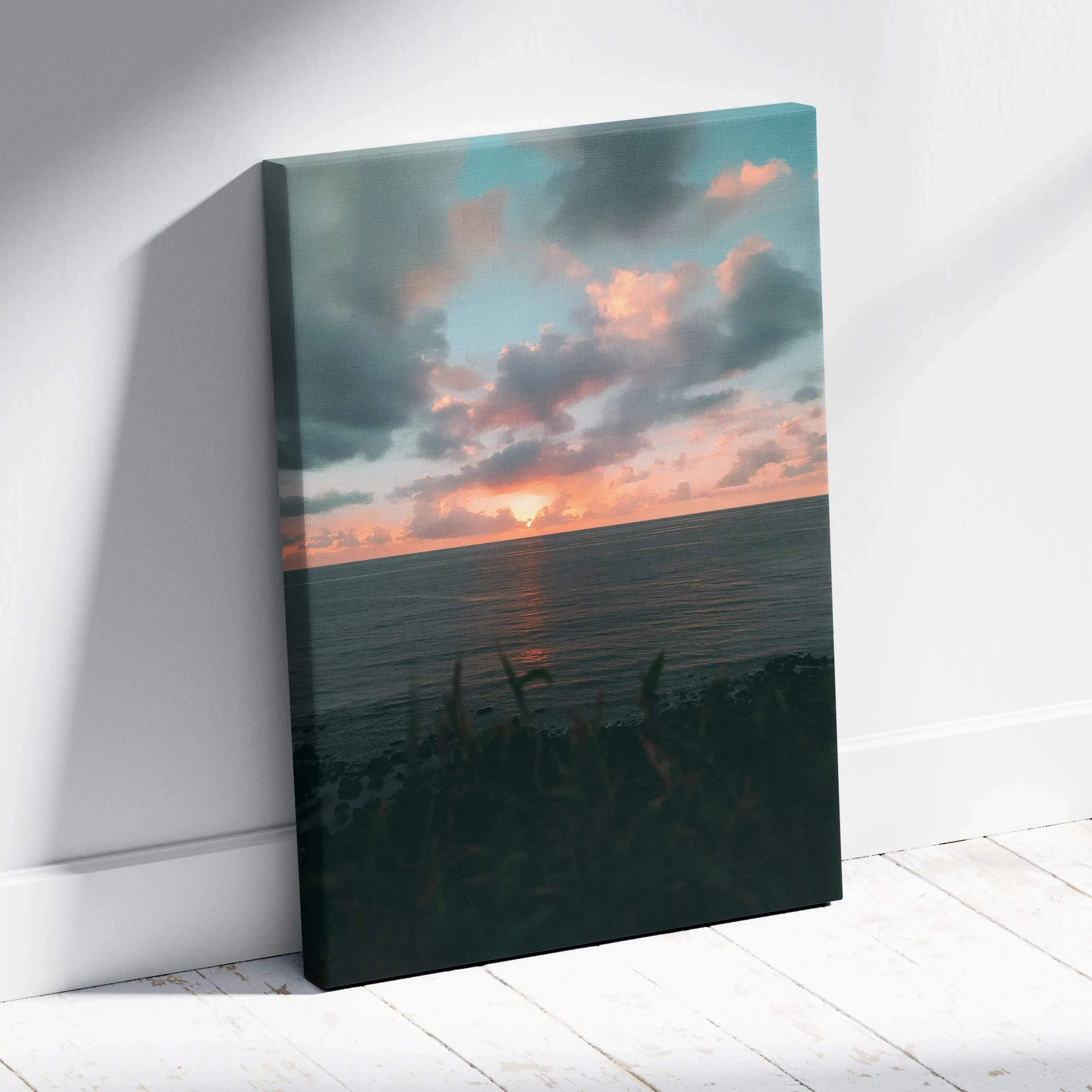 Rectangular canvas wall art featuring a serene beach sunset over ocean with warm pink and orange coastal tones and calm waters