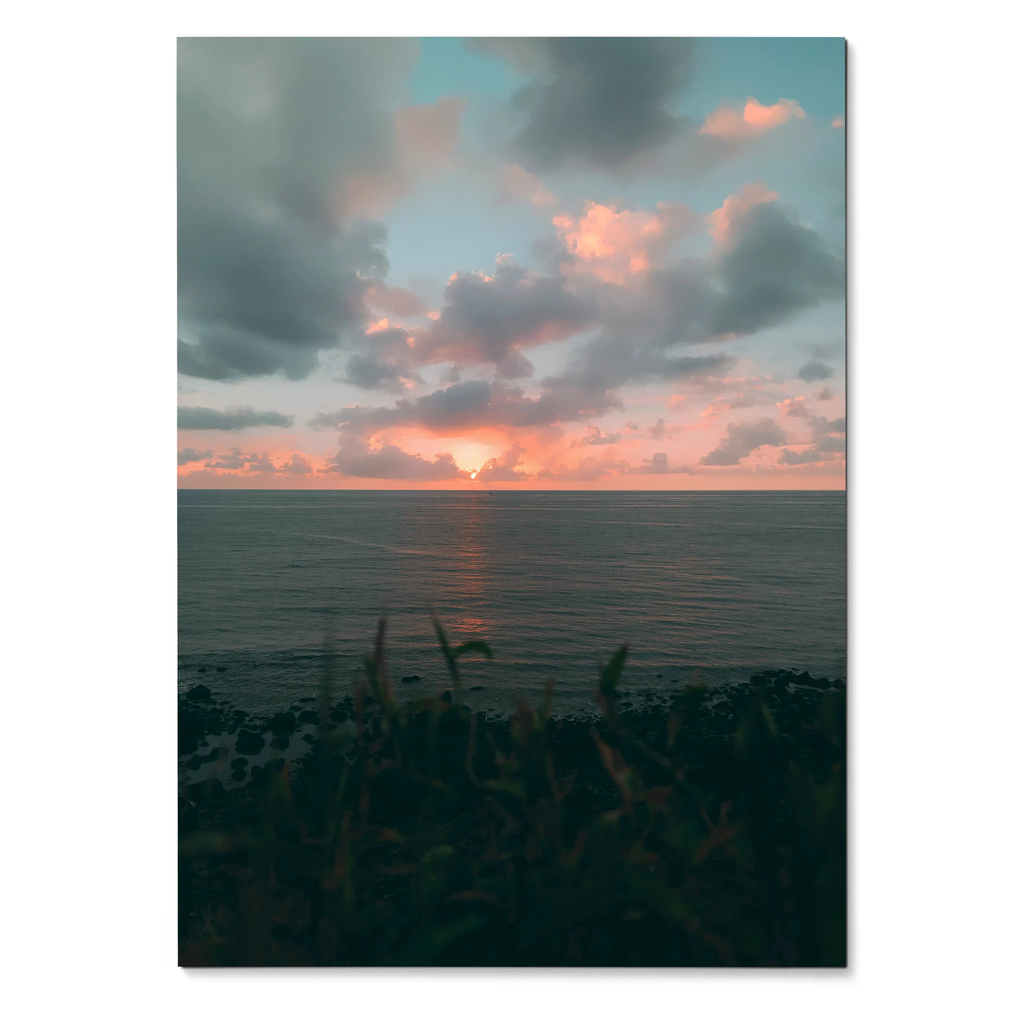 Ocean sunset beach wall art poster with vibrant pink and orange clouds over calm water.
