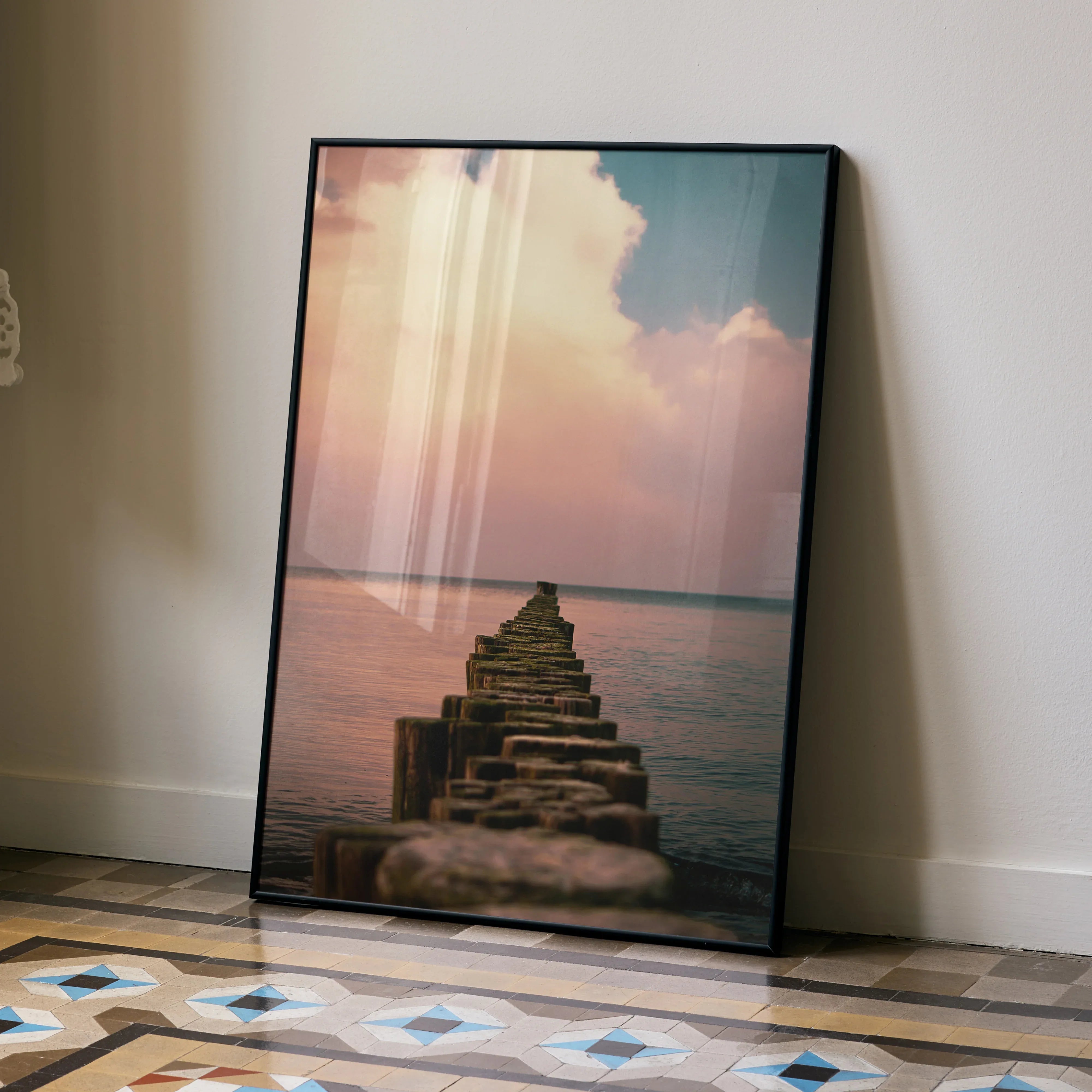 Serene Ocean Sunset Beach Art Print Poster | Vertical - Throttle Designs