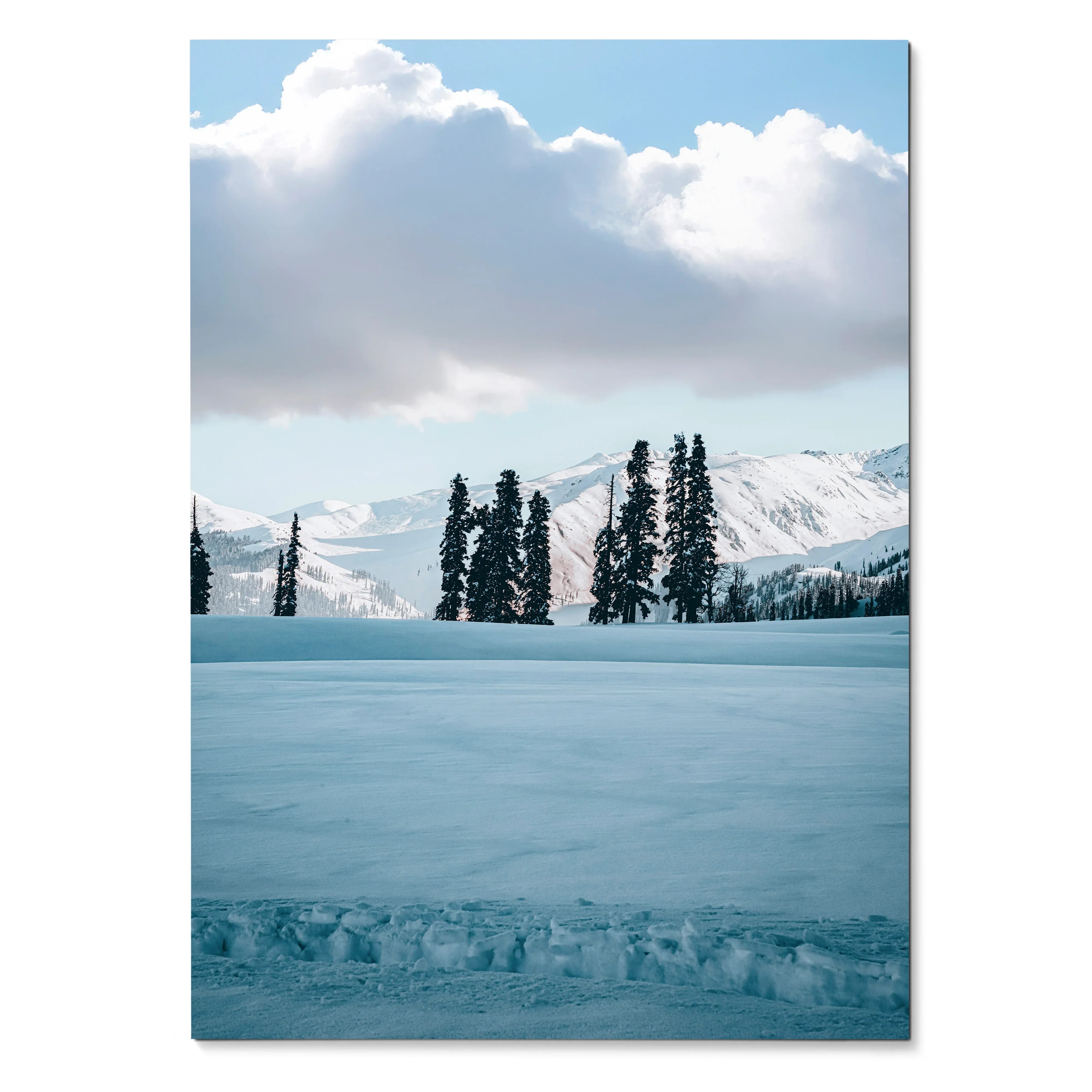 Vertical poster of snow-capped mountains and tall pine trees under a cloudy sky, nature wall art.