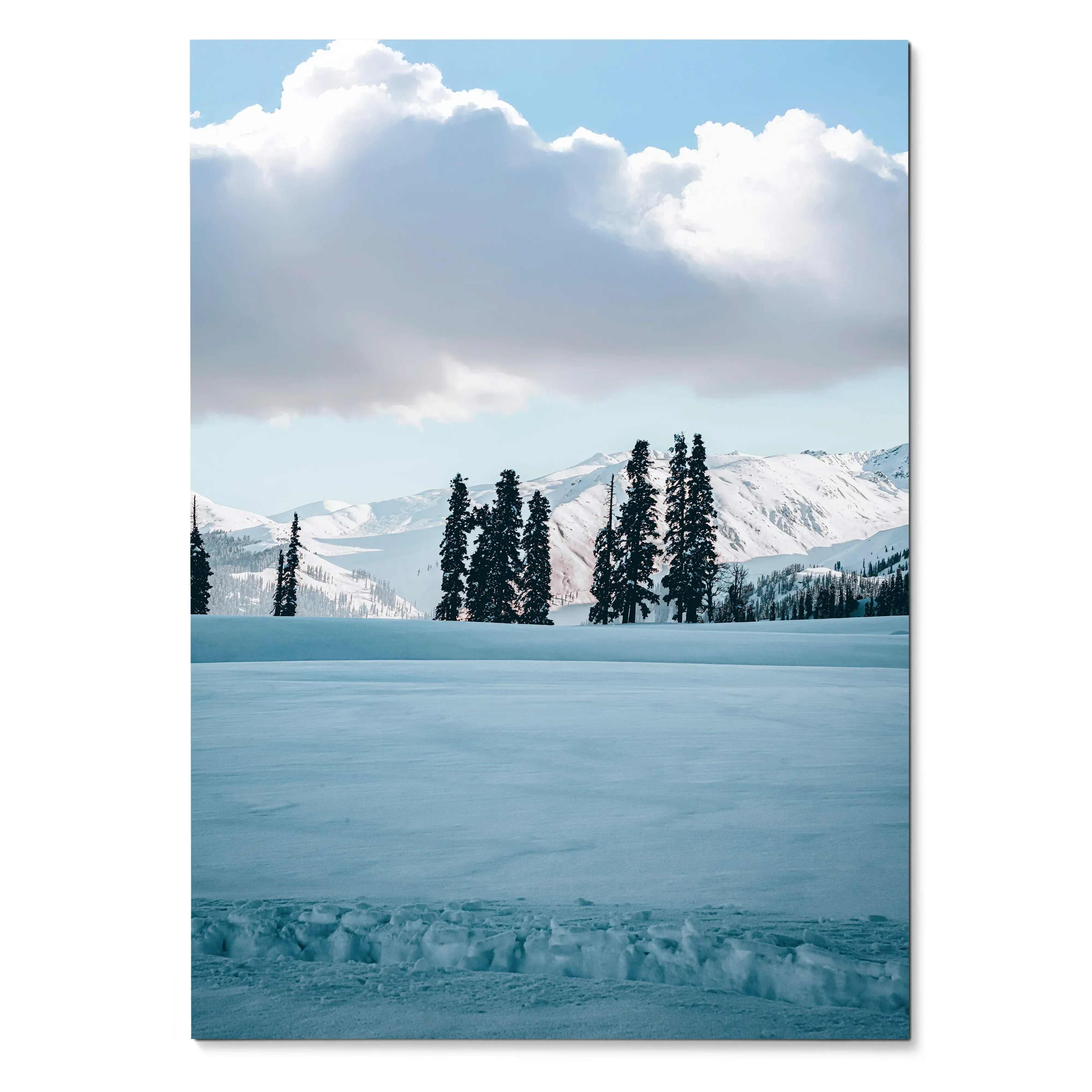 Vertical poster of snow-capped mountains and tall pine trees under a cloudy sky, nature wall art.