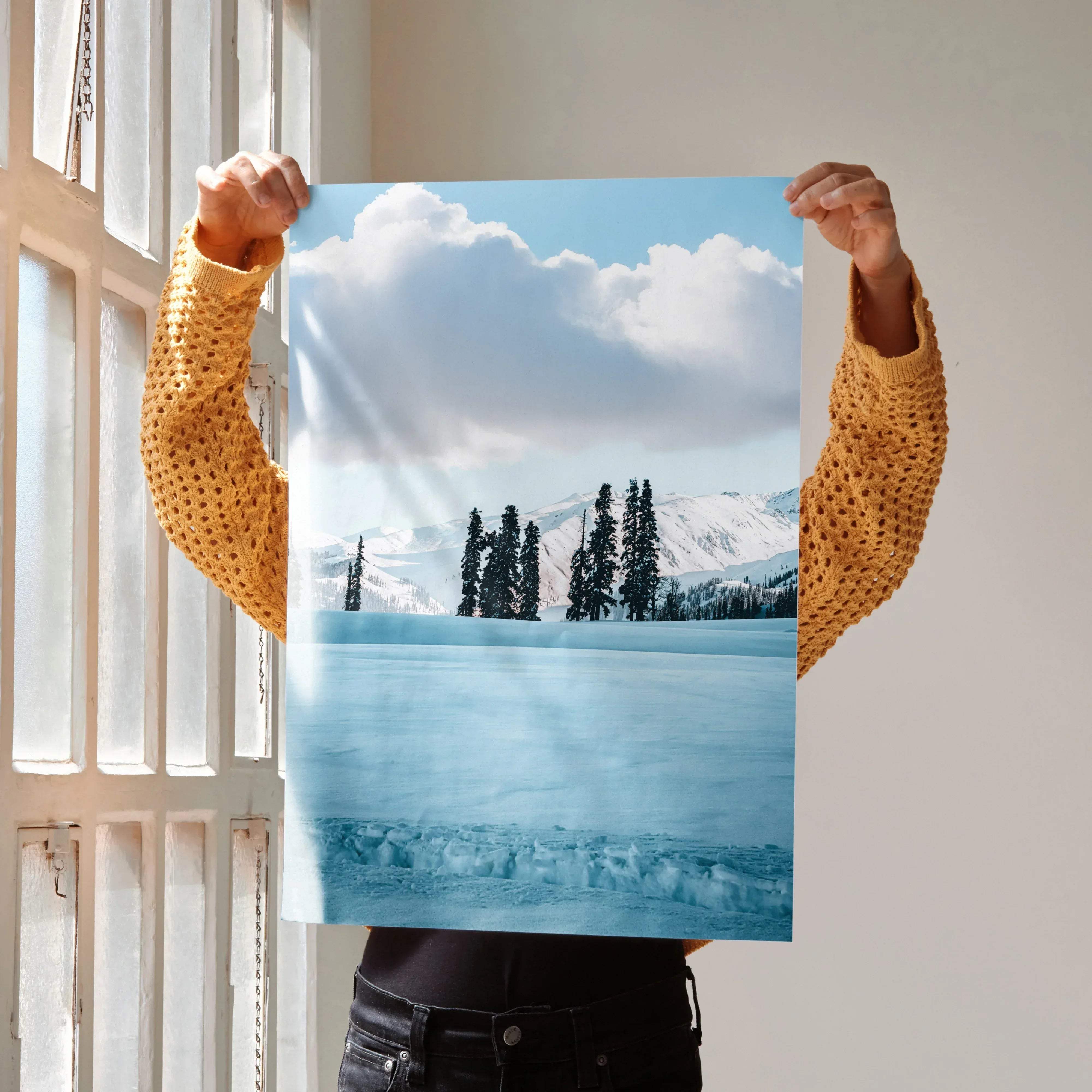 Captivating snow-capped mountains nature poster art showing a serene winter landscape with icy lake and evergreen trees