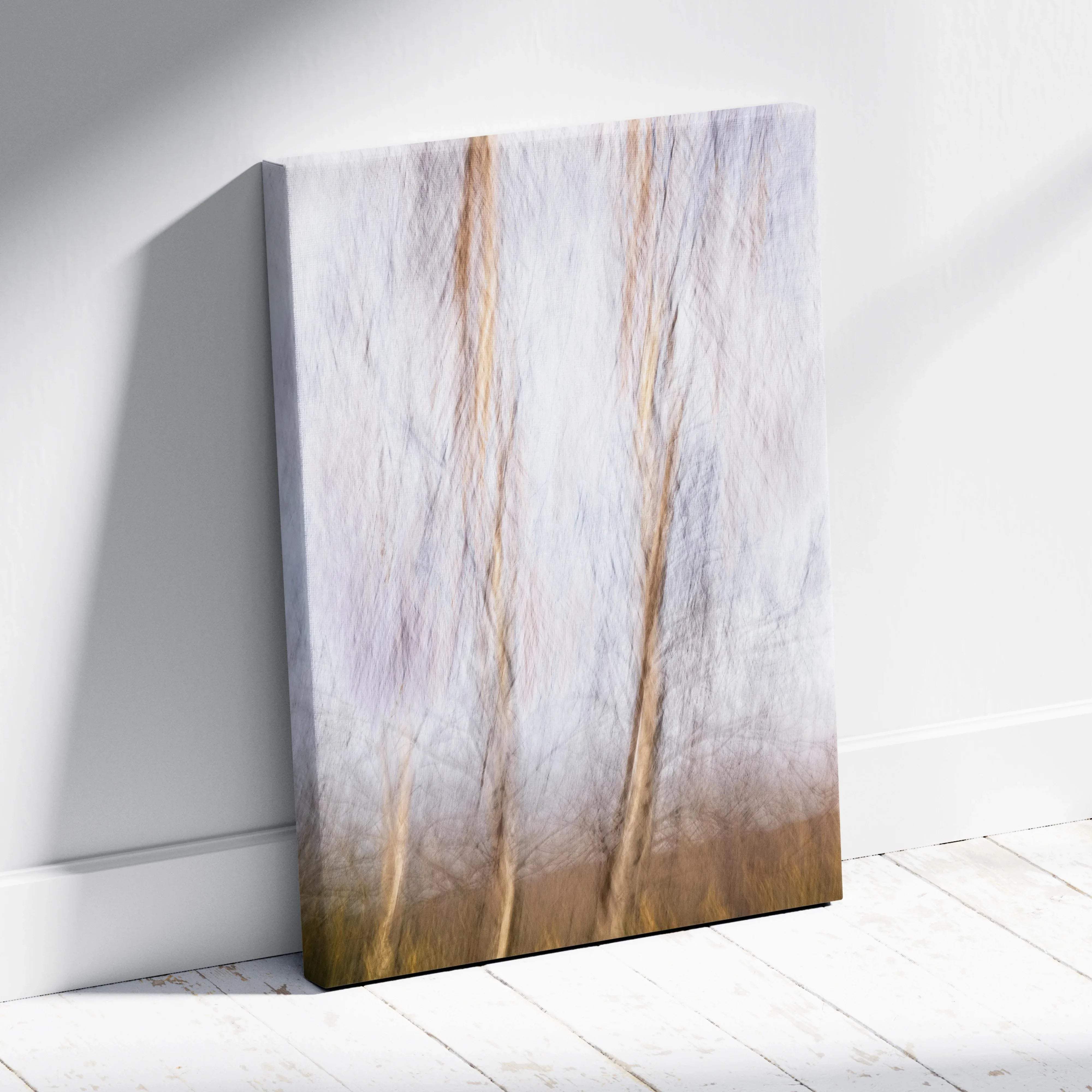 Abstract forest motion blur canvas art in muted gold gray beige tones