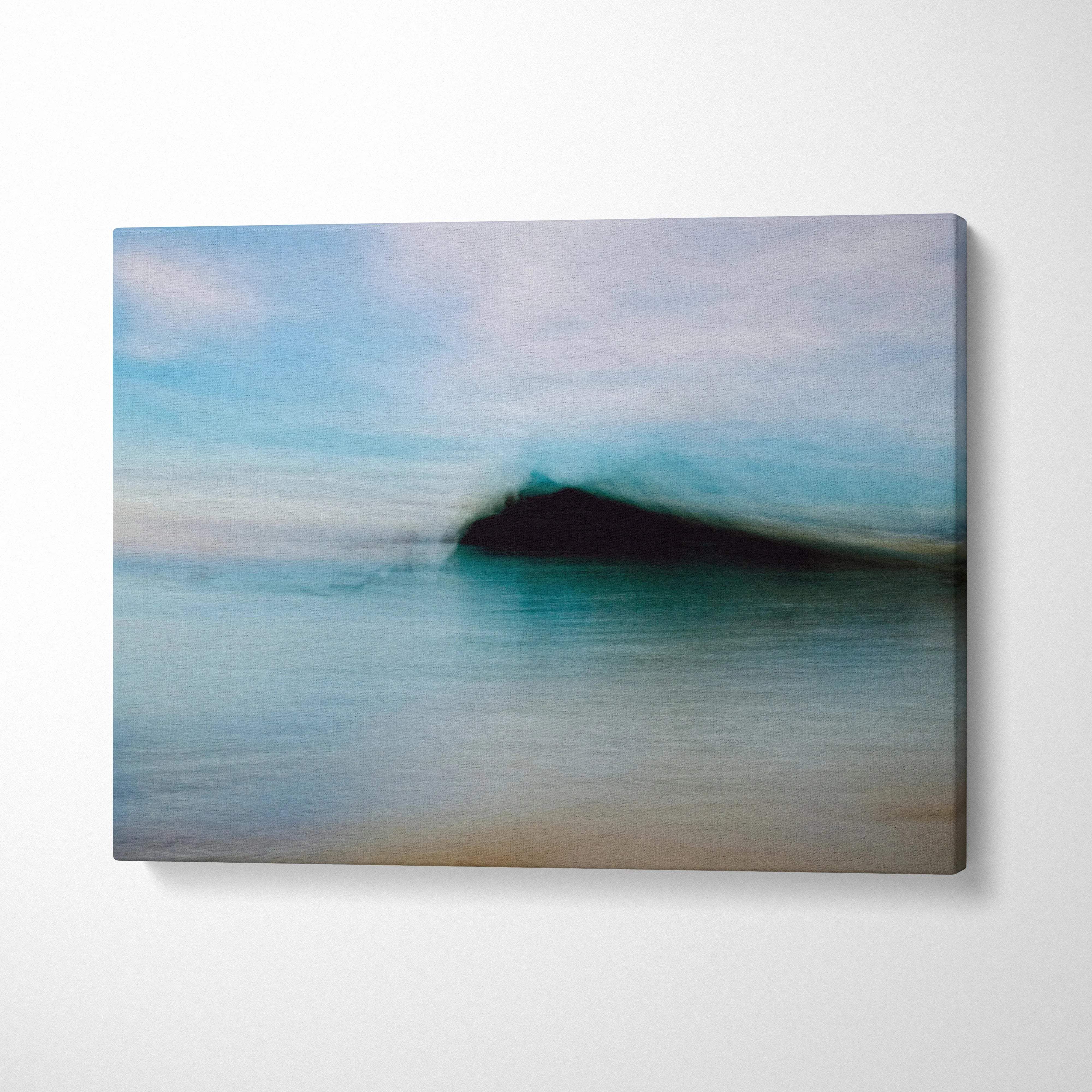 Blue teal abstract ocean wave canvas print with moody seascape and dark island silhouette
