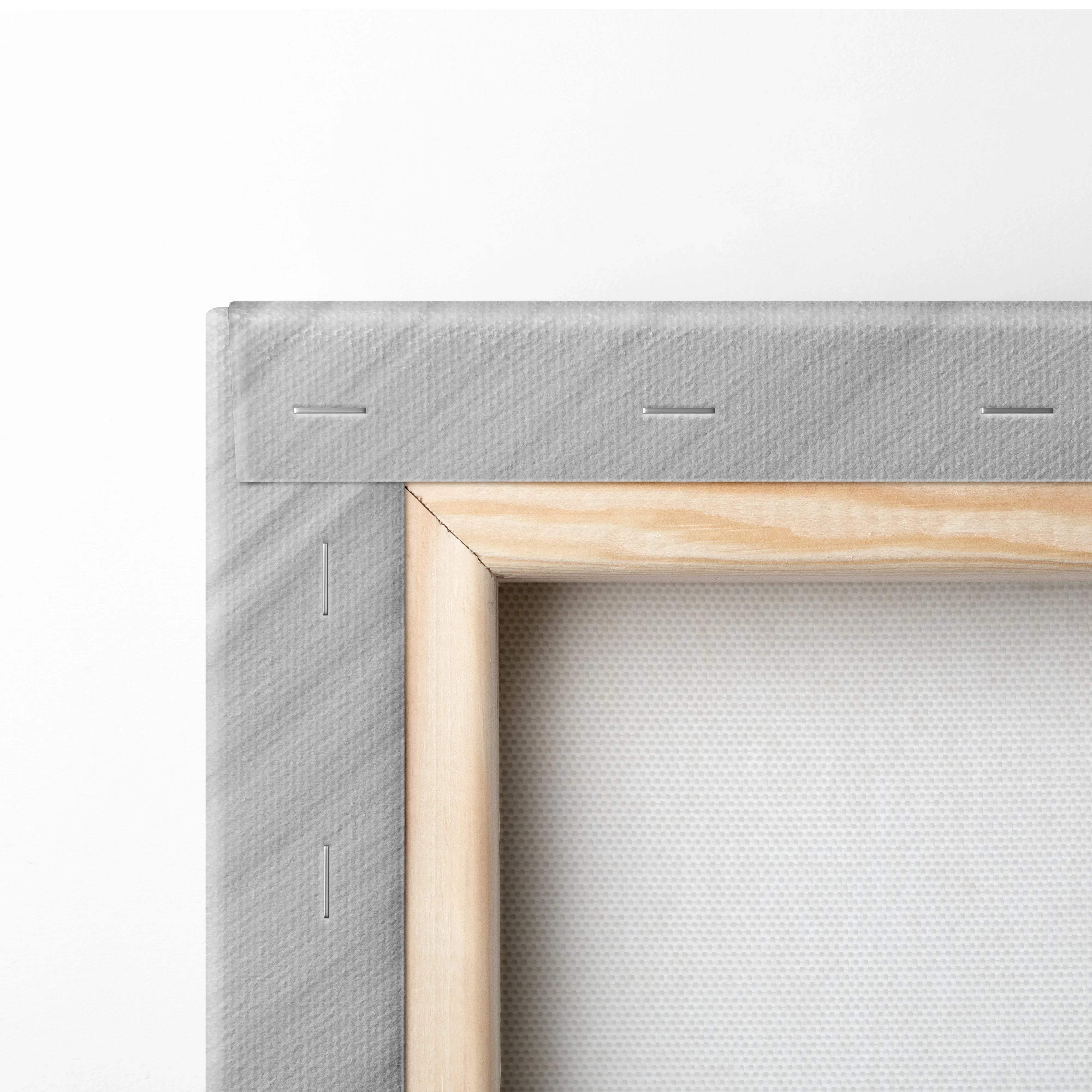 Minimalist silver gray diagonal light motion canvas art with light wood frame and gray stitched border