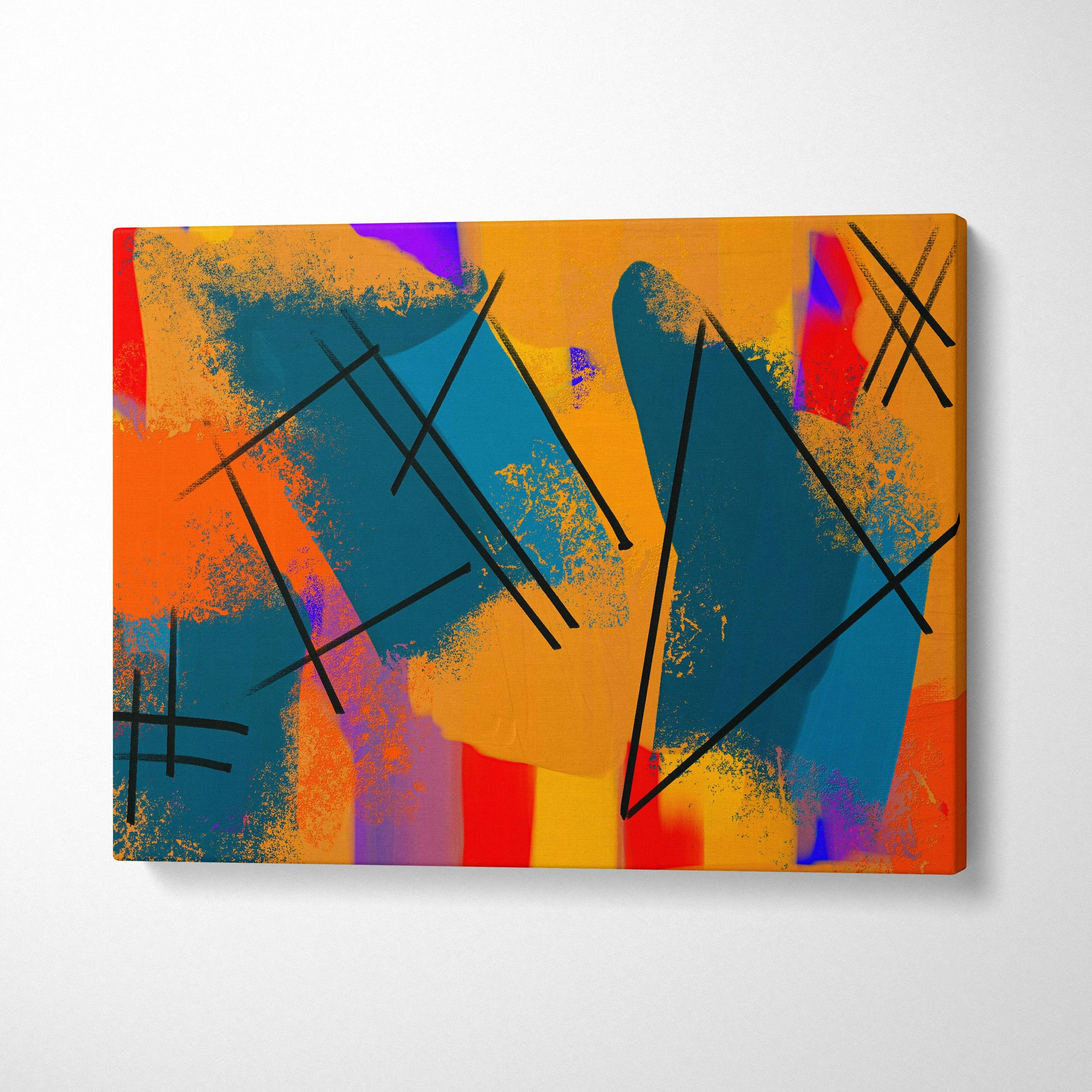 Bold abstract expressionist canvas wall art in orange teal red with urban mood